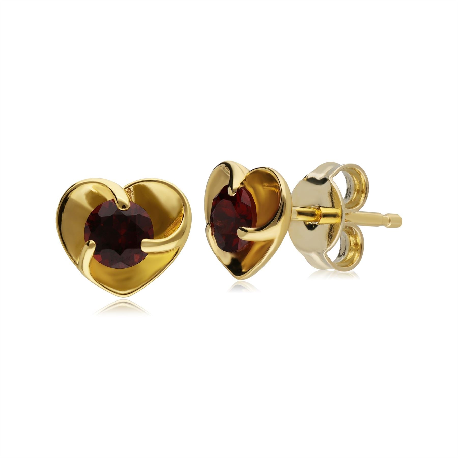 Boucles d’Oreilles Clou Coeur Argent 925 Plaqué Or Jaune avec Grenat