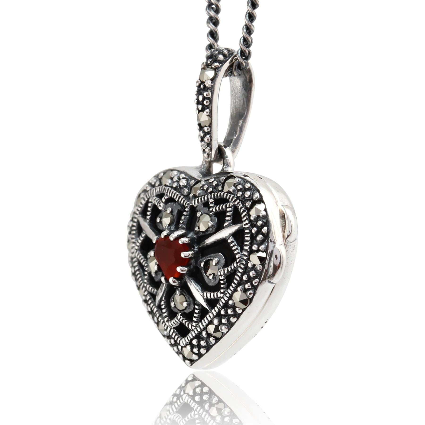 Pendentif Porte-Photo Cœur Style Art Nouveau Argent 925 Cornaline et Marcassite
