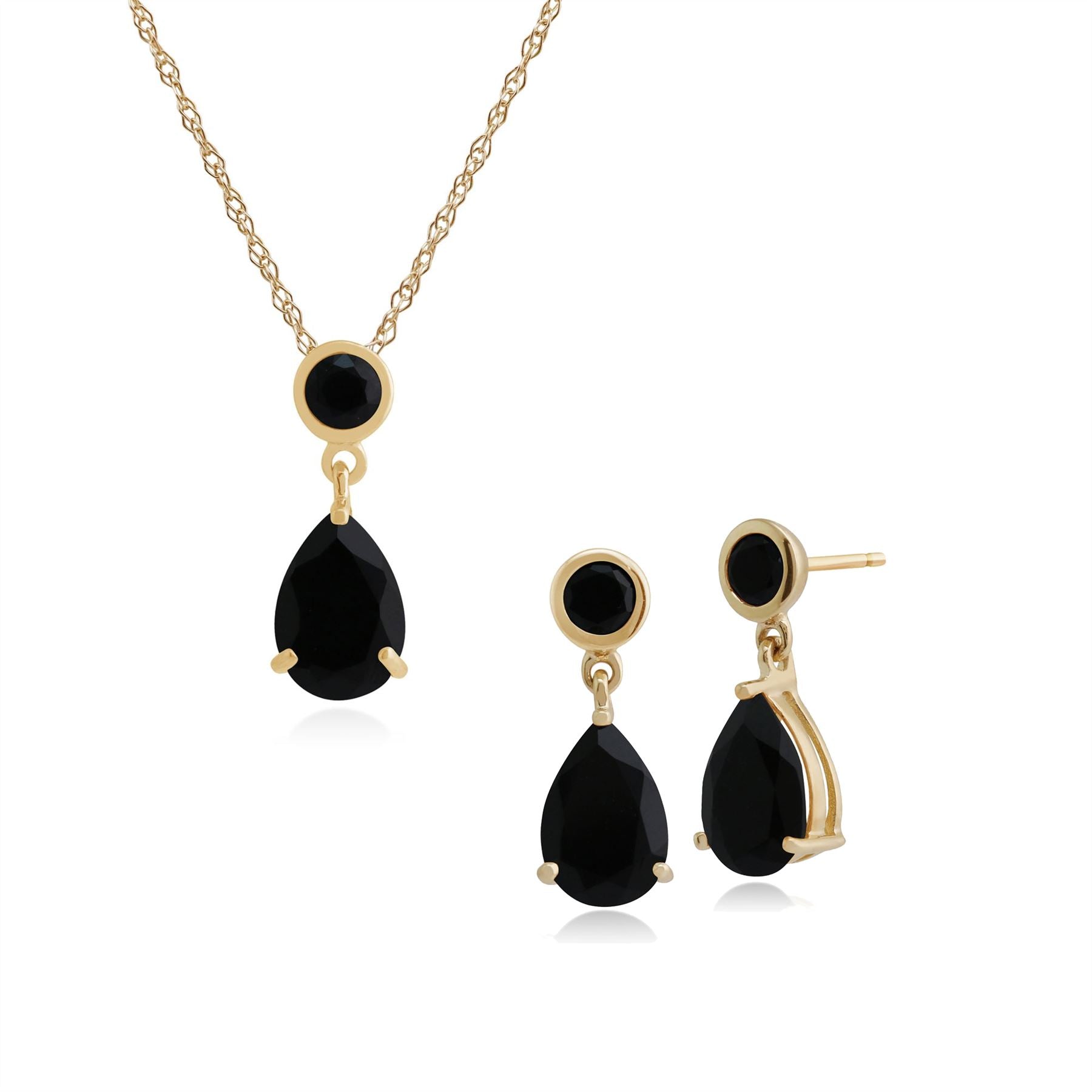 Pendentif et Boucles d'Oreilles Pendantes Classique Or Jaune 375 Onyx Noire Ronde et Poire