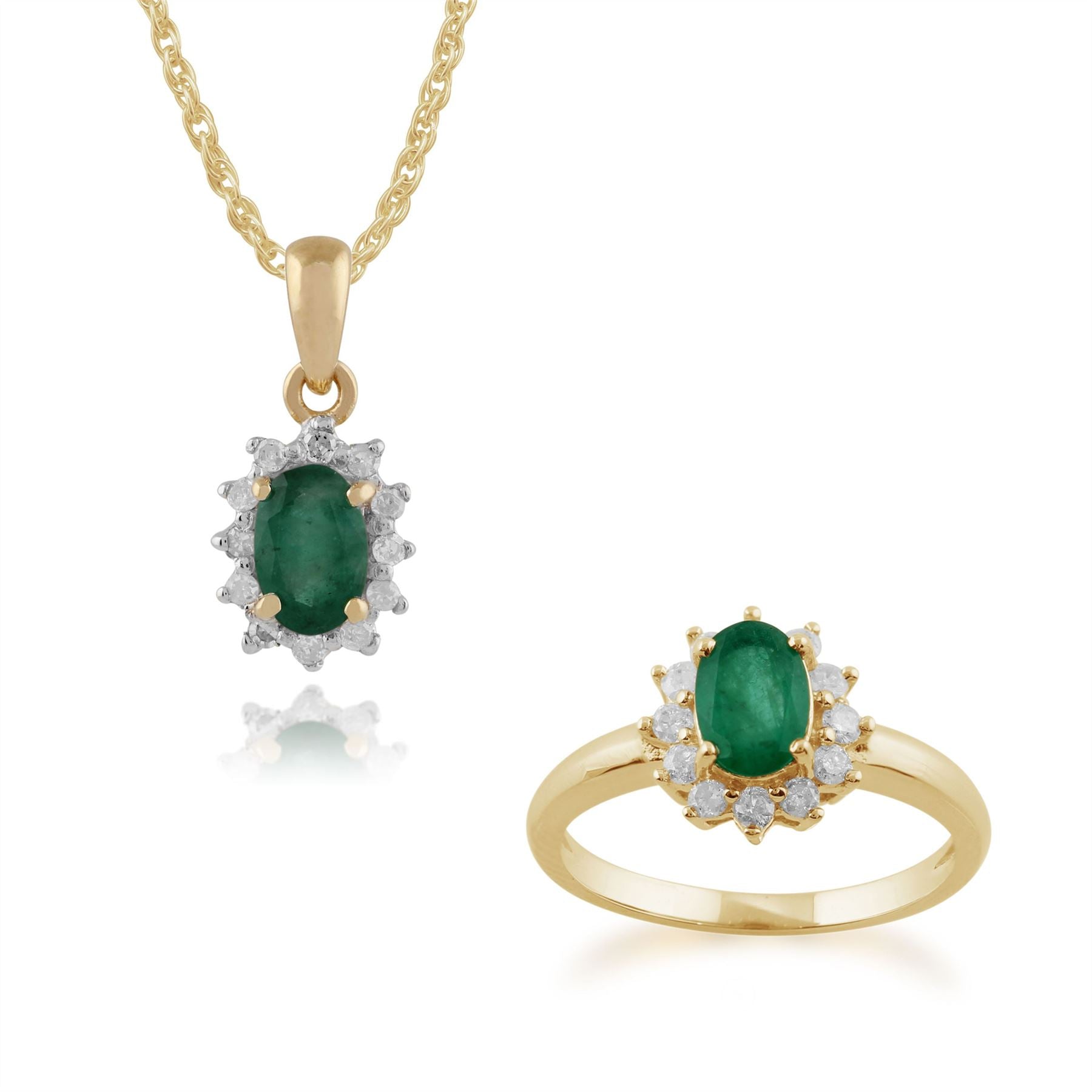 Pendentif et Bague Oval Classique Or Jaune 375 Emeraude et Diamant Halo Cluster