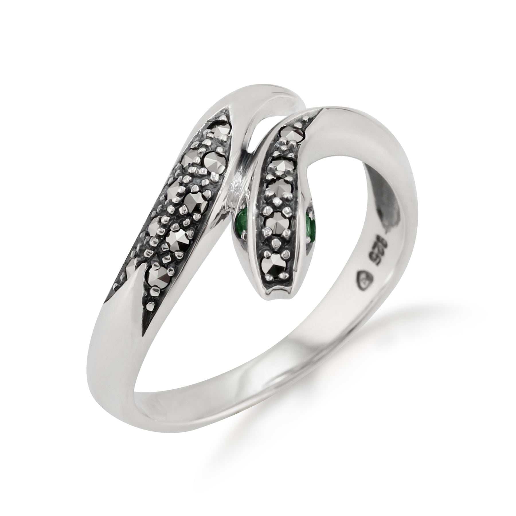 Bague Serpent Style Art Nouveau en Argent 925 avec Emeraude et Marcassite