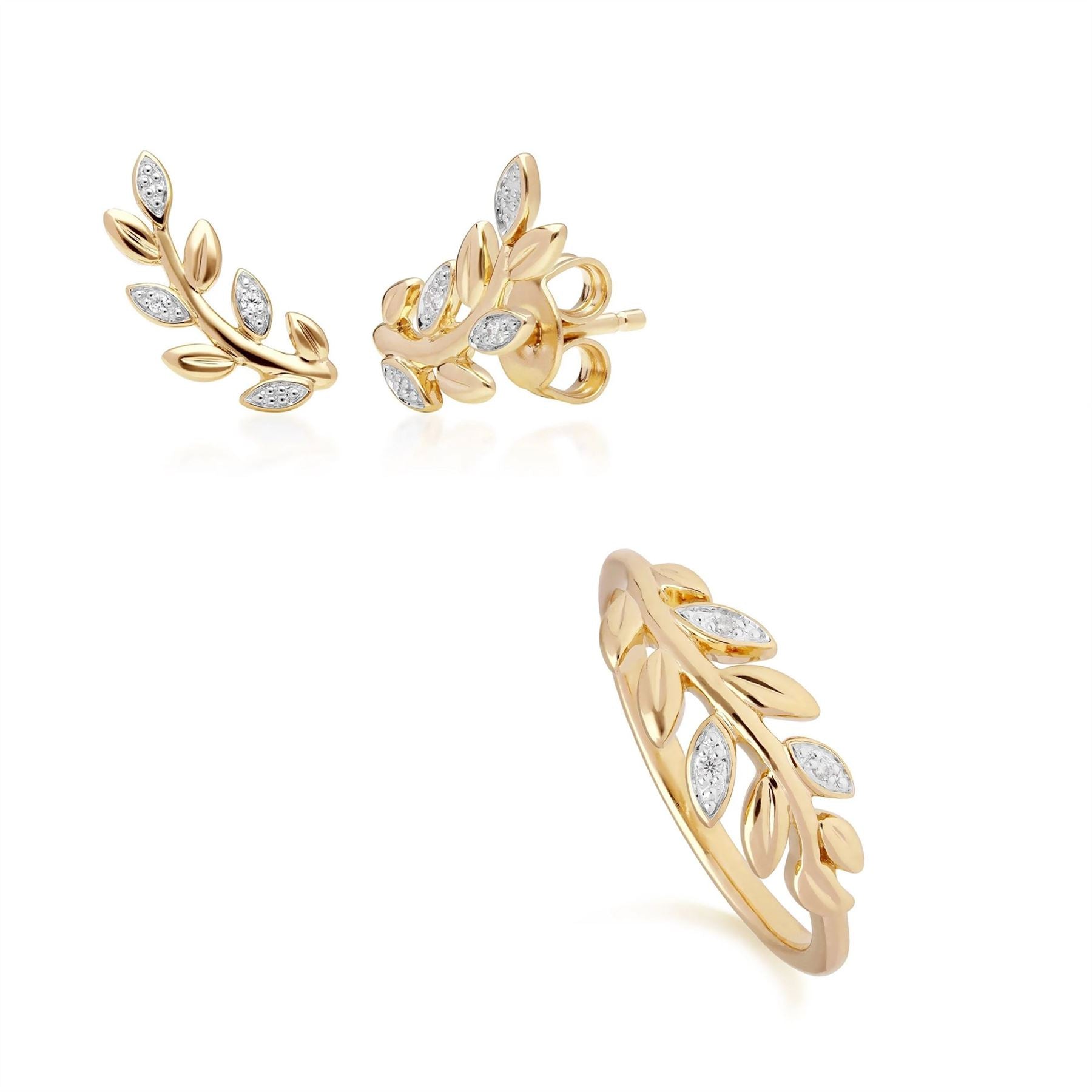 Bague et Boucles d'Oreilles Clou O Leaf Or Jaune 375 Diamant