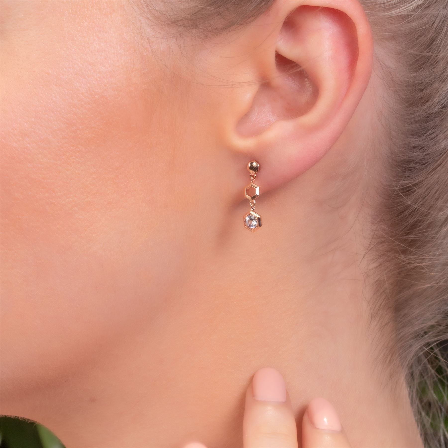 Boucles d'Oreilles Pendantes Style Honeycomb Or Rose 375 Saphir Blanc