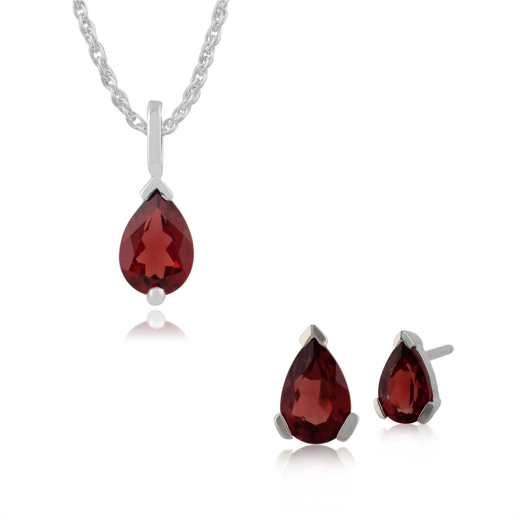 Pendentif et Boucles d'Oreilles Clou Classique Or Blanc 375 Grenat Poire