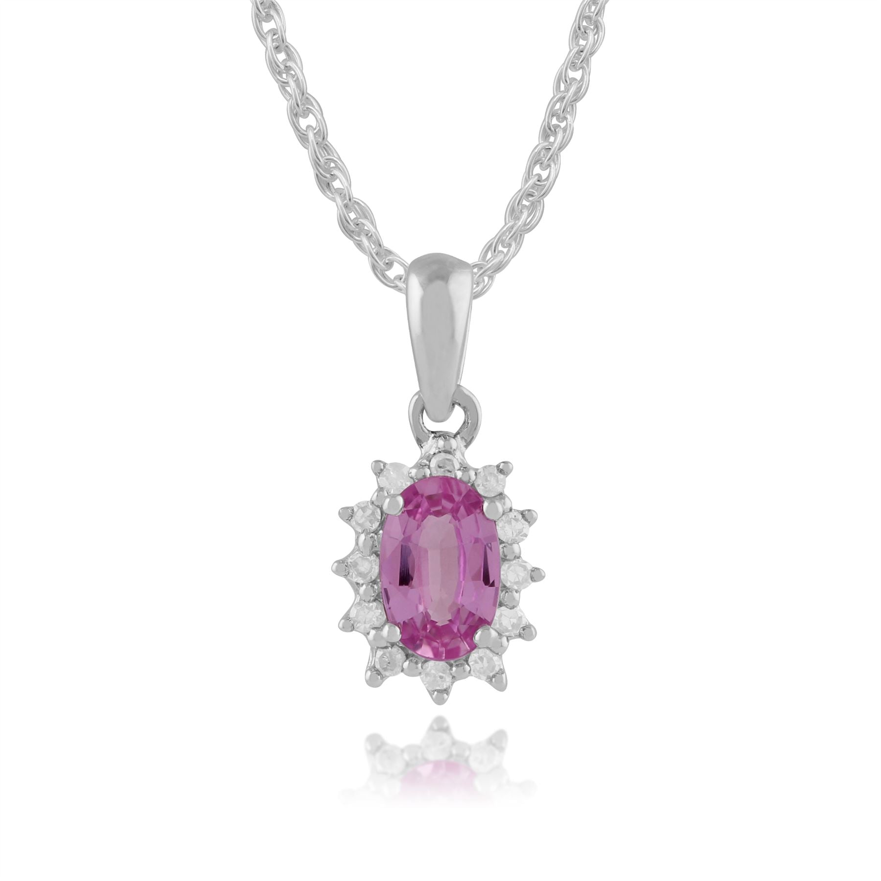 Pendentif Classique Or Blanc 375 Saphir Oval Rose et serti de Diamant avec une chaîne de 45cm