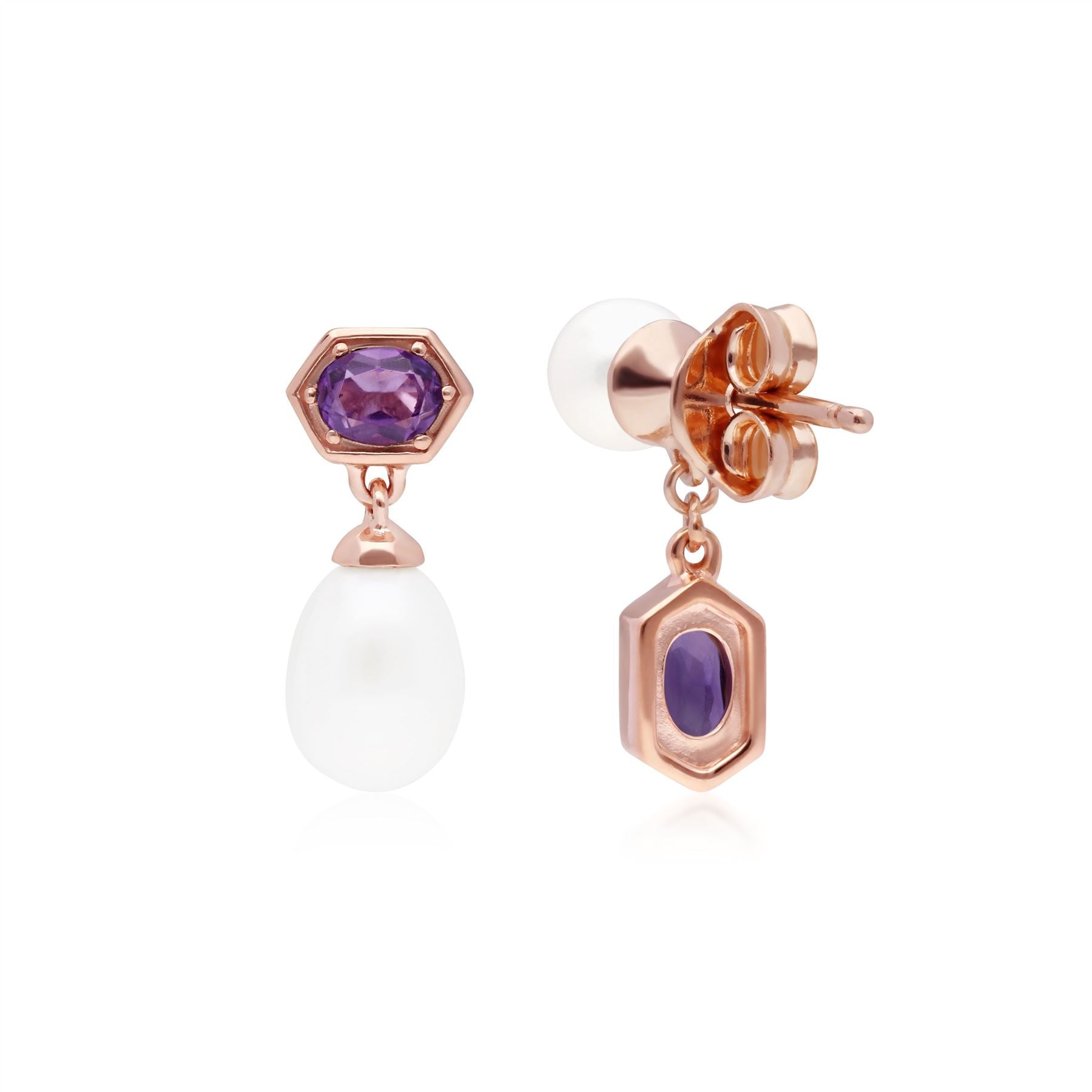 Boucles d'Oreilles Asymétrique Perle Moderne Argent 925 Doré à l'Or Fin Rose Perle et Améthyste