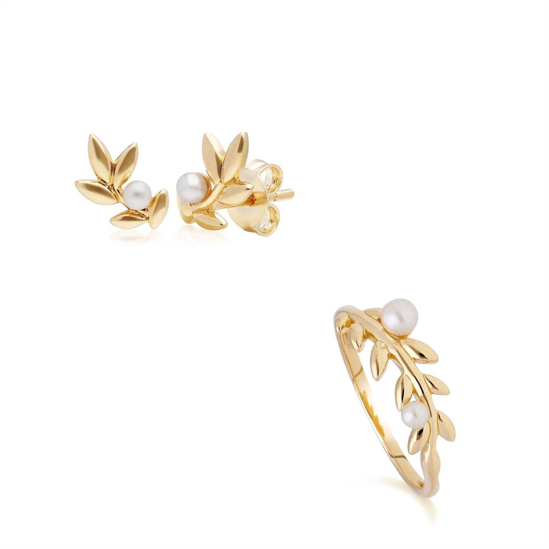 Bague et Boucles d'Oreilles Clou O Leaf Argent 925 Plaqué Or Perle