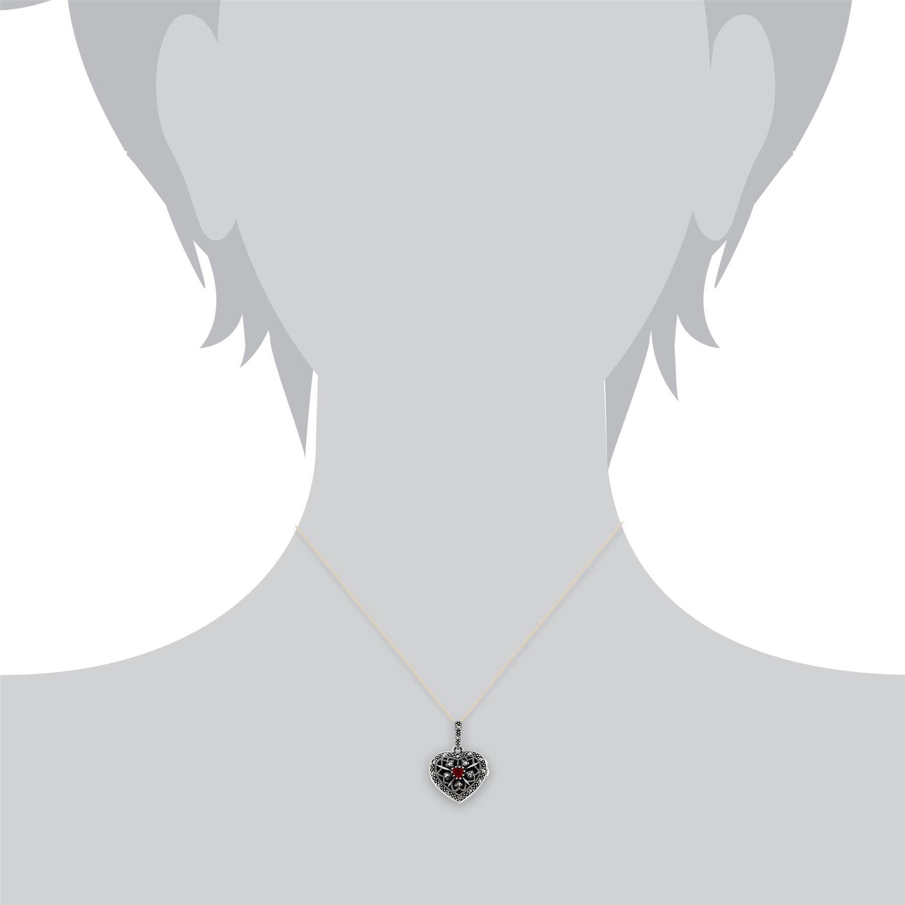 Pendentif Porte-Photo Cœur Style Art Nouveau Argent 925 Cornaline et Marcassite