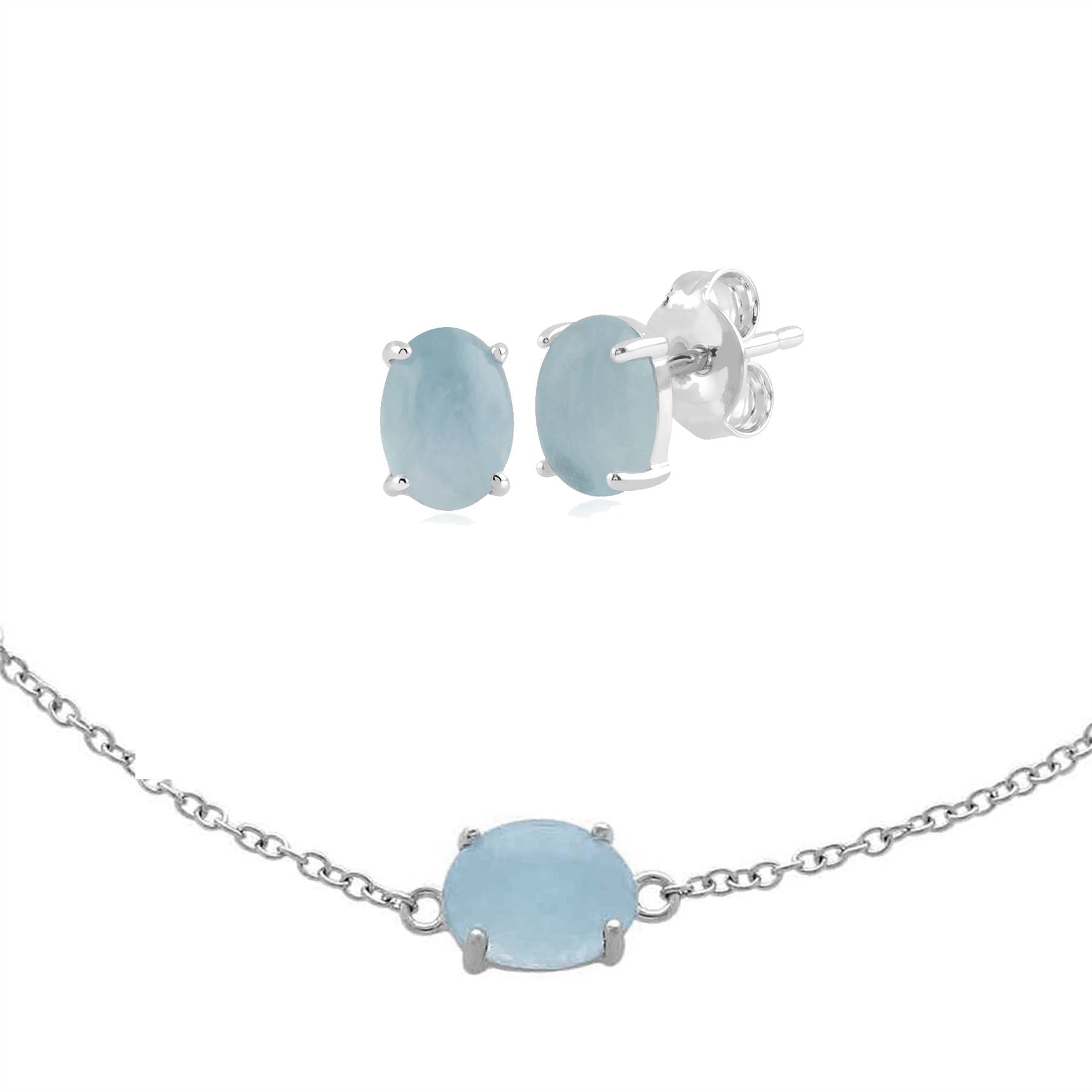 Boucles d'Oreilles Clou et Bracelet Classique Argent 925 Aigue-Marine Opaque Oval