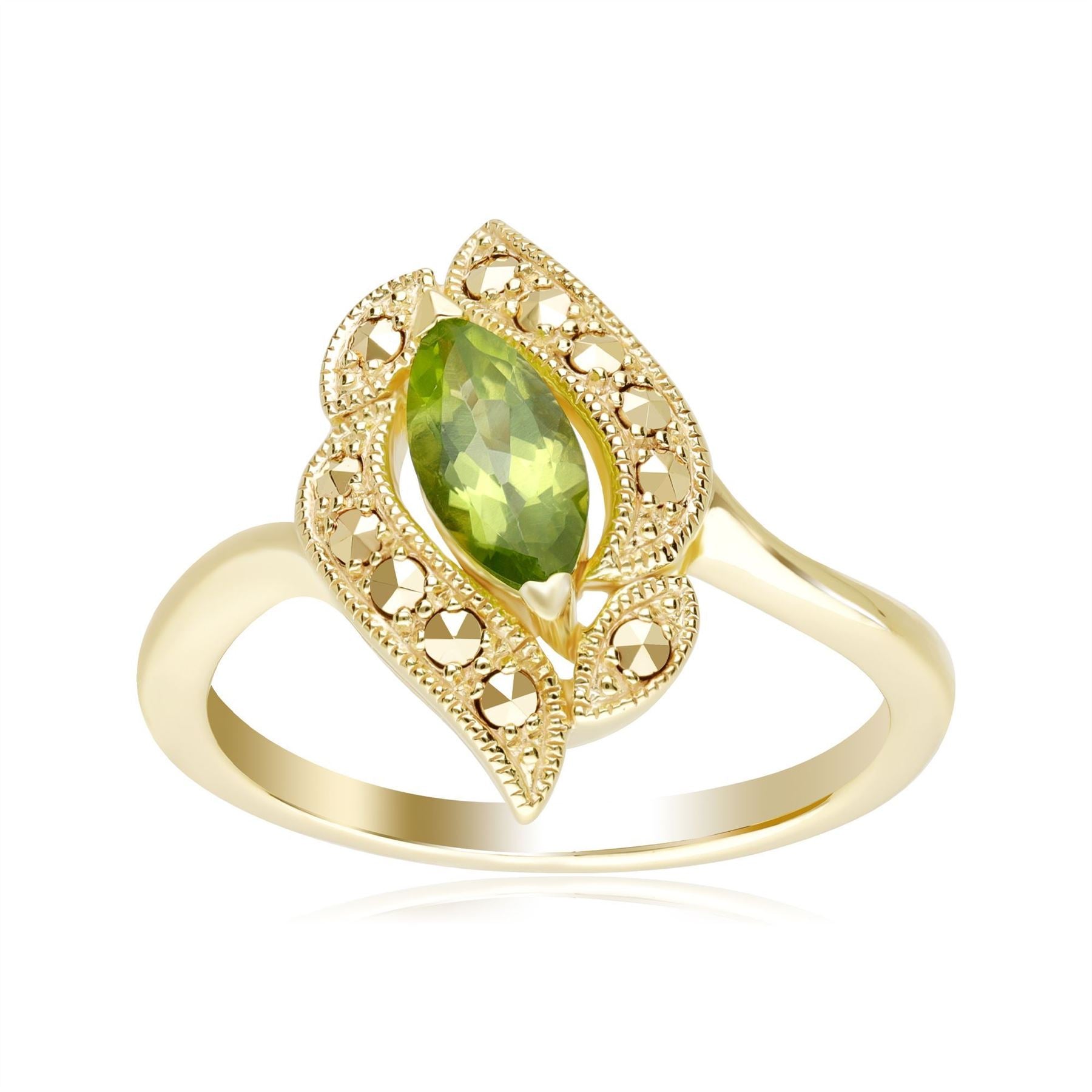 Bague en Argent 925 Doré à l'Or Fin Style Art Nouveau Péridot et Marcassite
