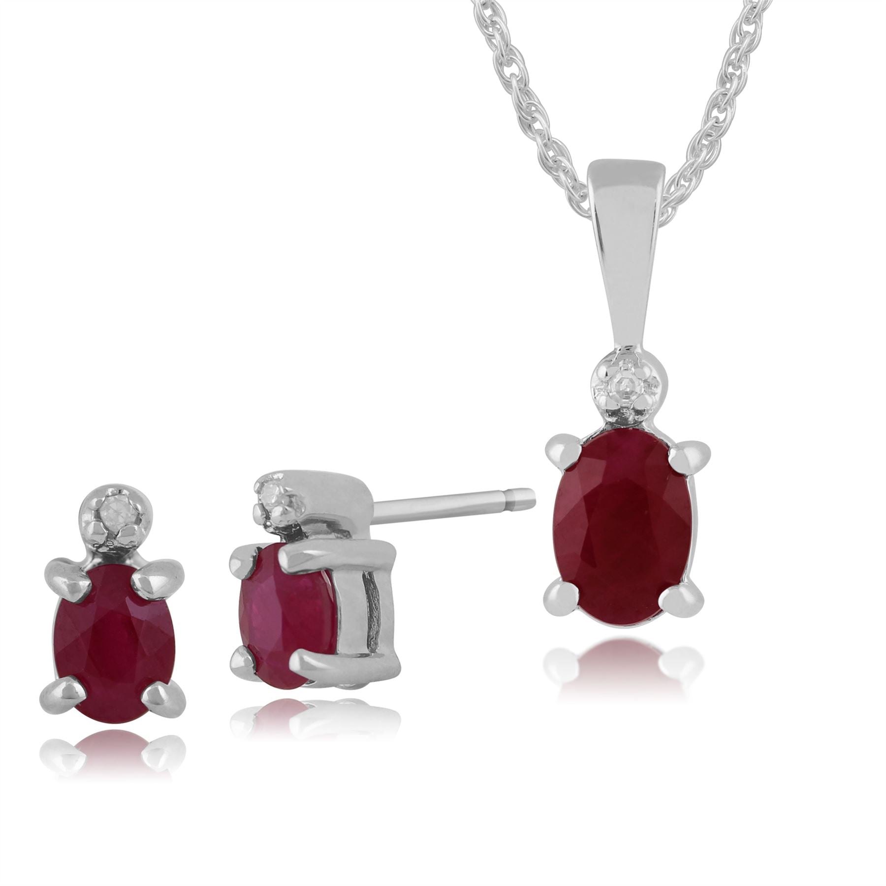 Pendentif et Boucles d'Oreilles Clou Classique Or Blanc 375 Rubis et Diamant