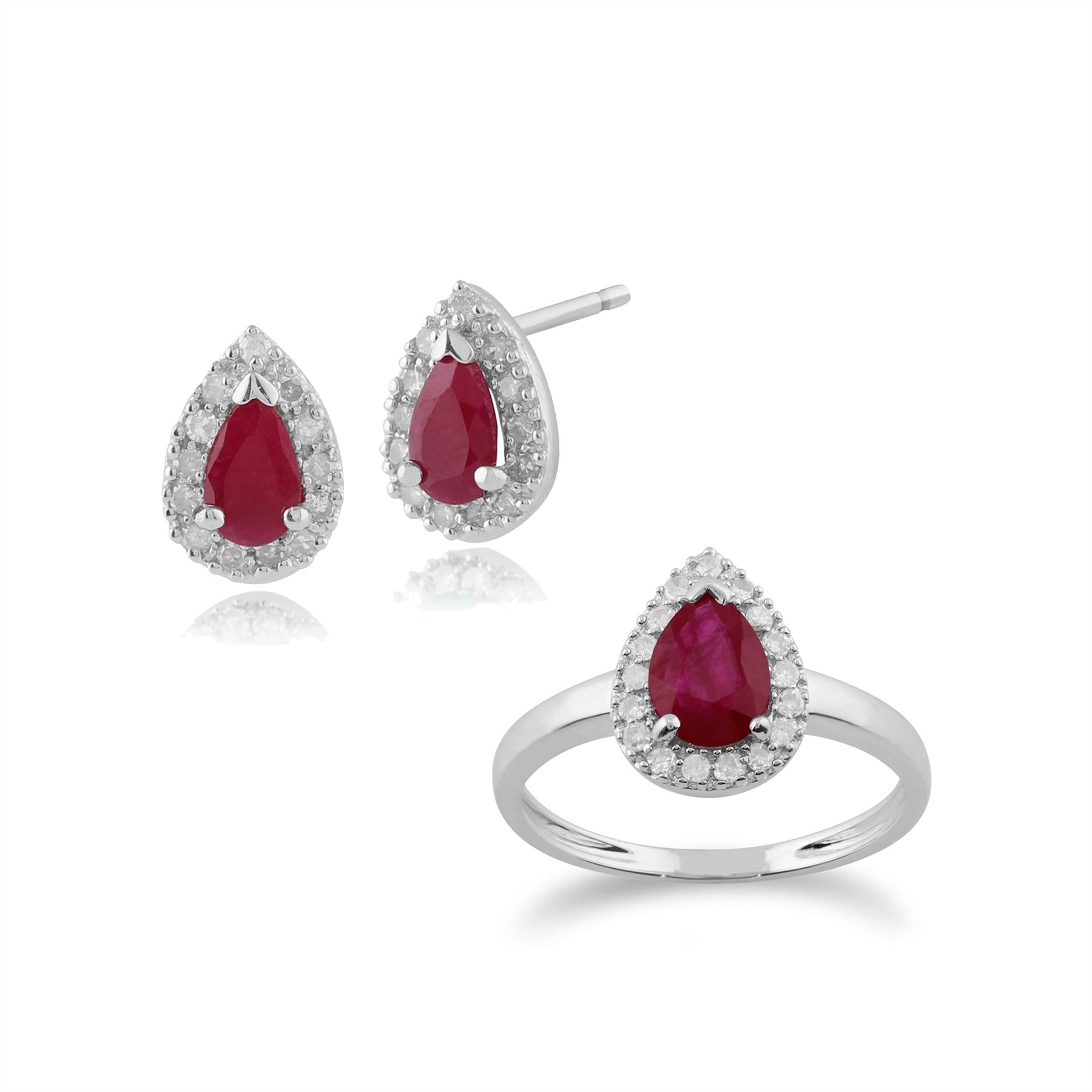 Boucles d'Oreilles Clou et Bague Classique Or Blanc 375 Rubis Poire et Diamant Halo