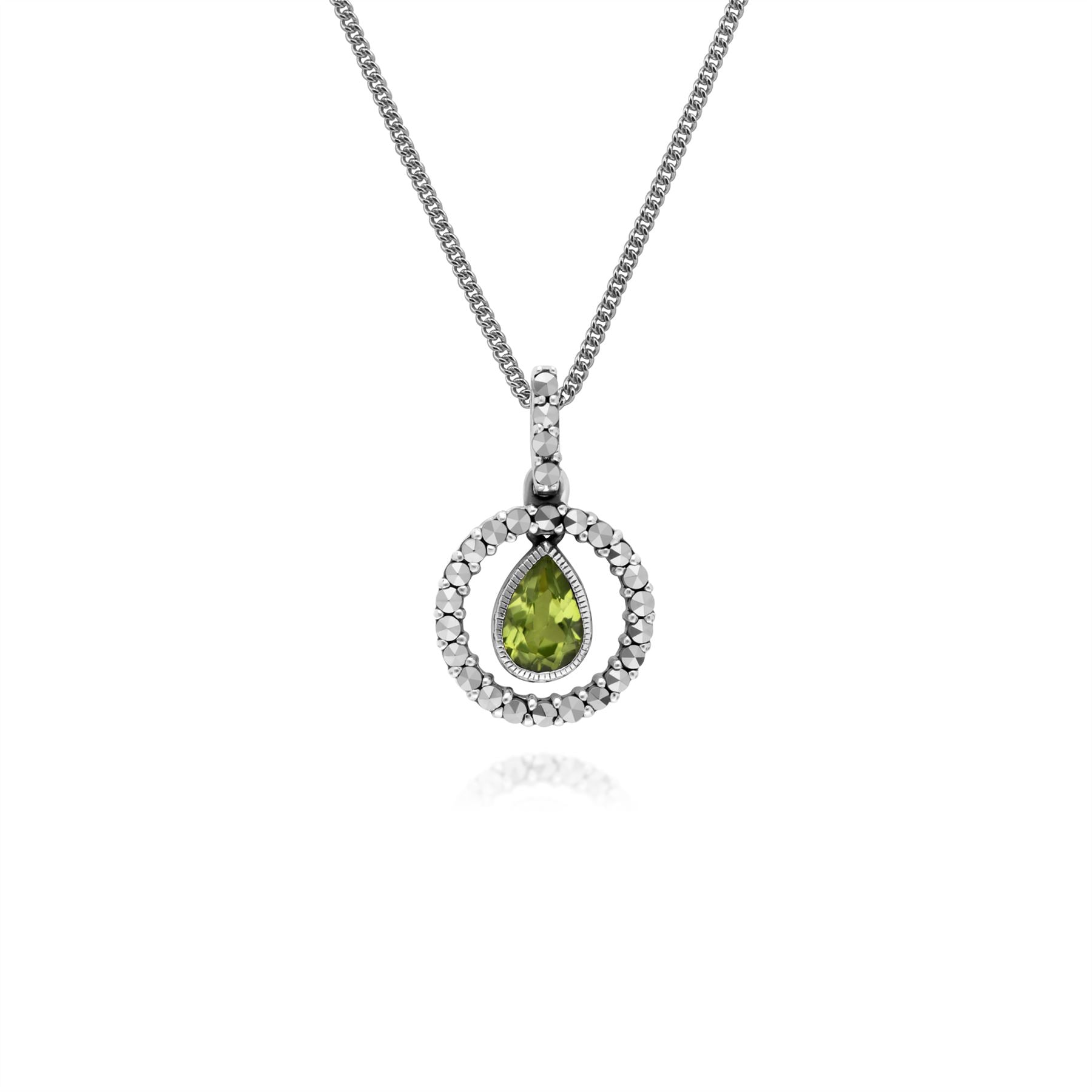 Boucles d'Oreilles Pendantes et Pendentif Classique Argent 925 Péridot Poire et Marcassite