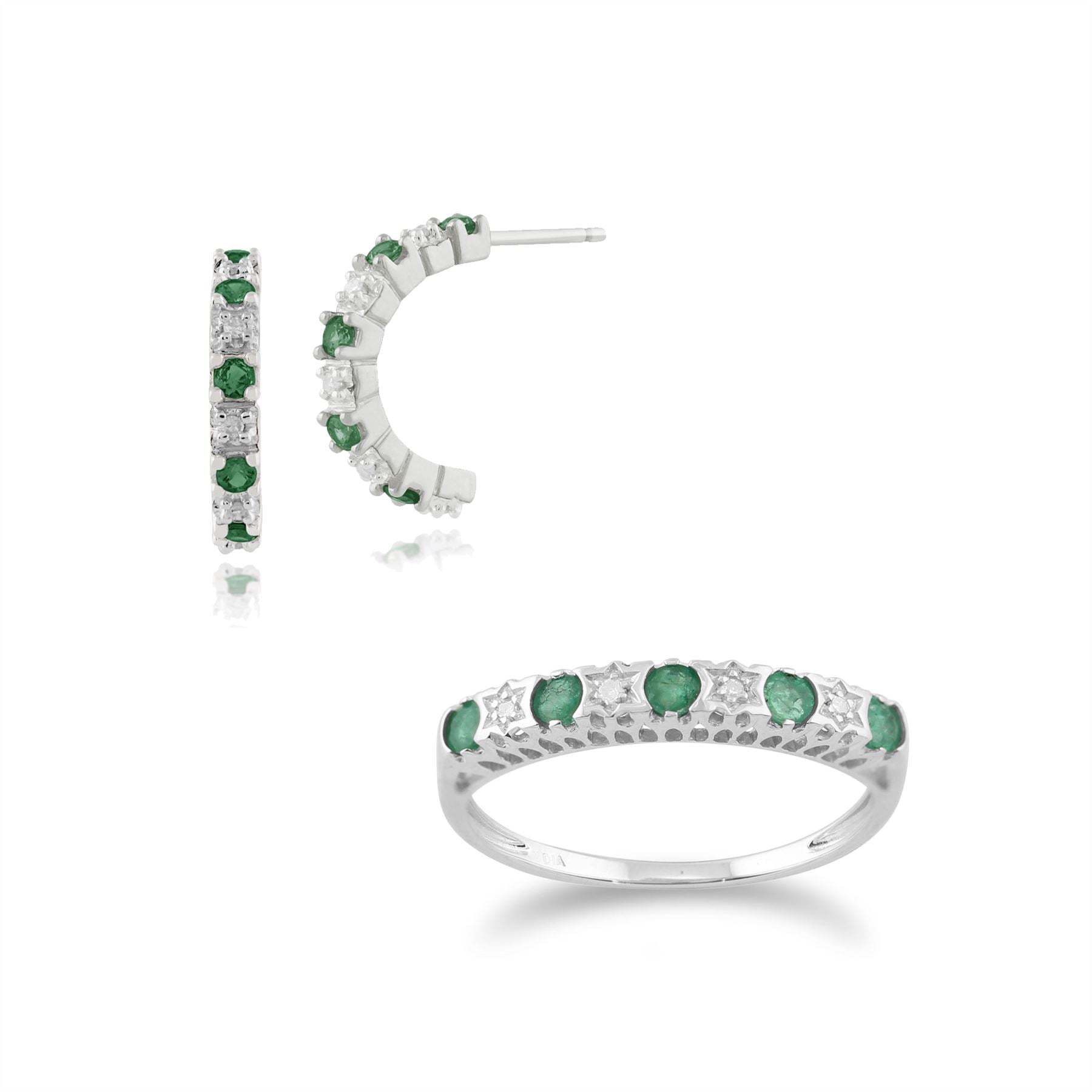 Boucles d'Oreilles Demi Créoles et Bague Demi-Eternité Classique Or Jaune 375 Emeraude Ronde et Diamant