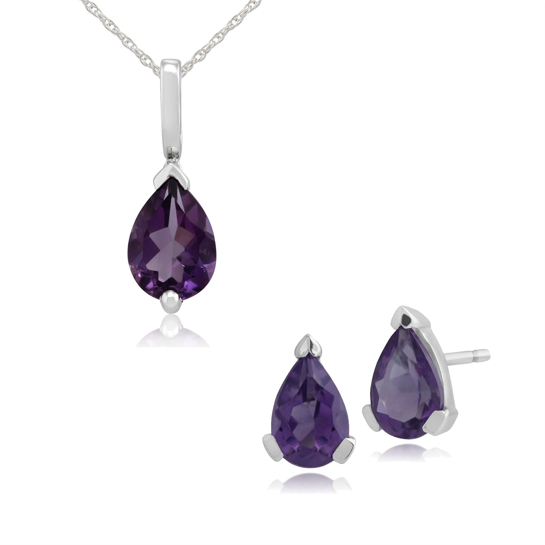 Pendentif et Boucles d'Oreilles Clou Classique Or Blanc 375 Améthyste Poire