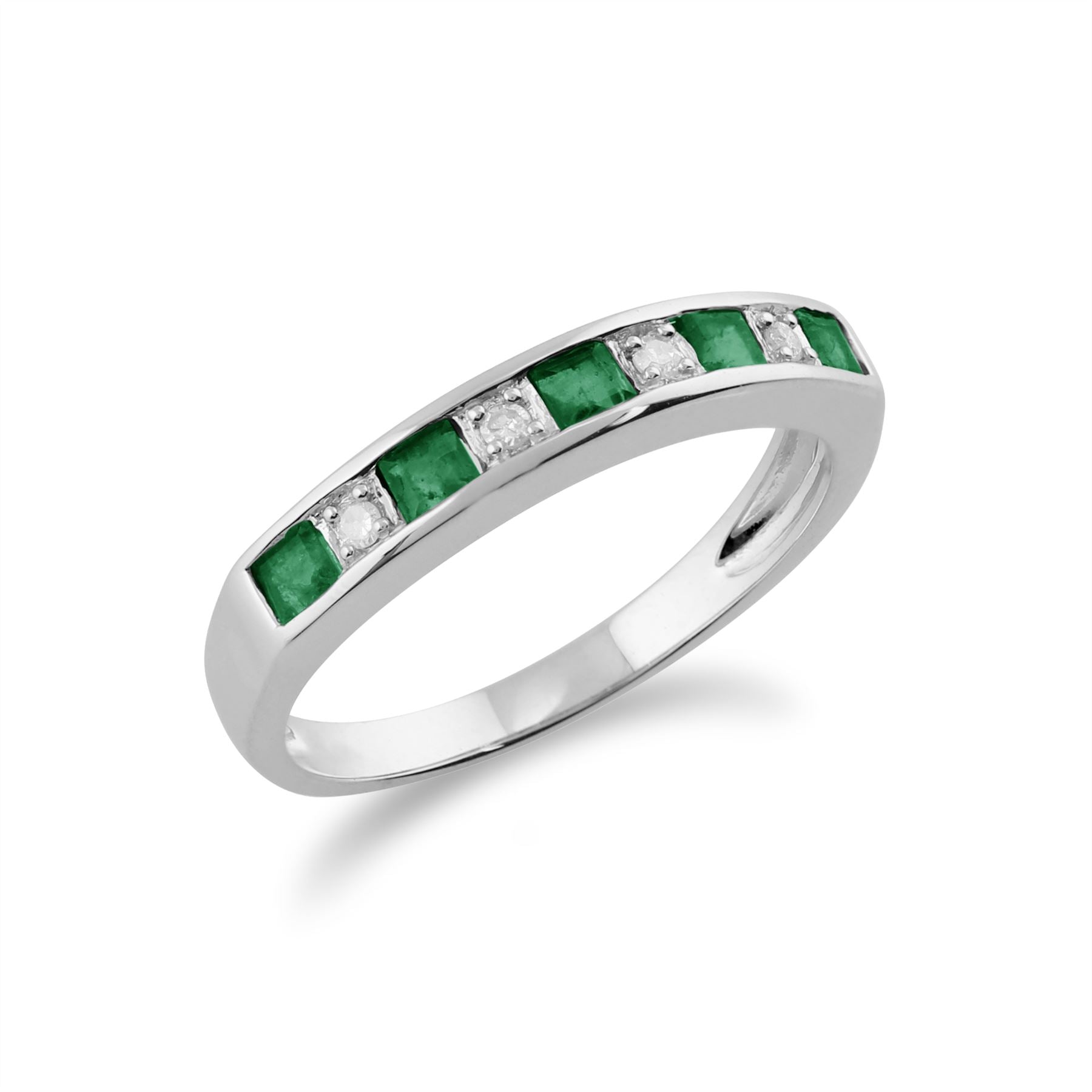 Bague Classique Demi-Eternité Or Blanc 375 Emeraude carrée et Diamant