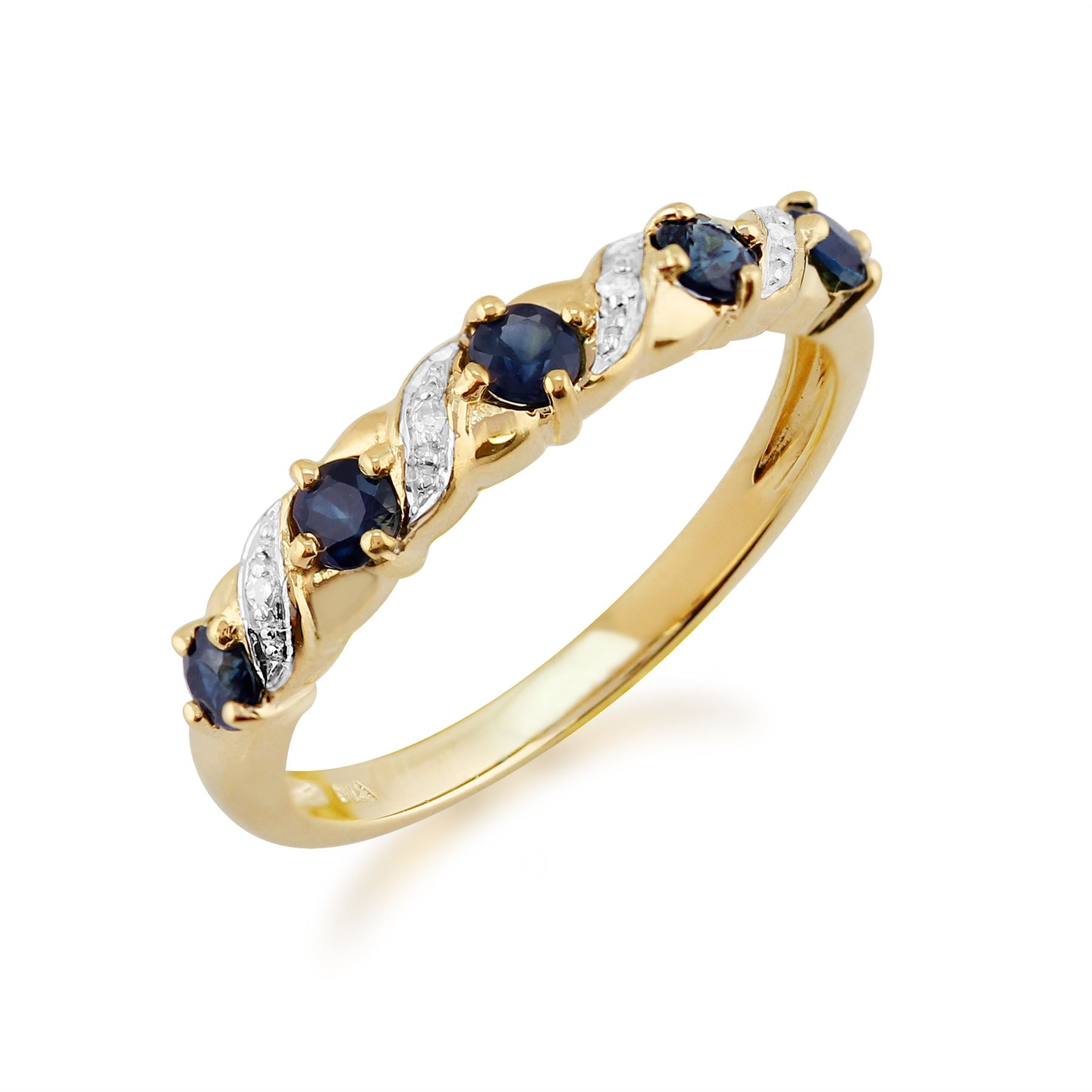 Bague Demi-Eternité en Or Jaune 9ct avec Saphirs et Diamonds Ronds