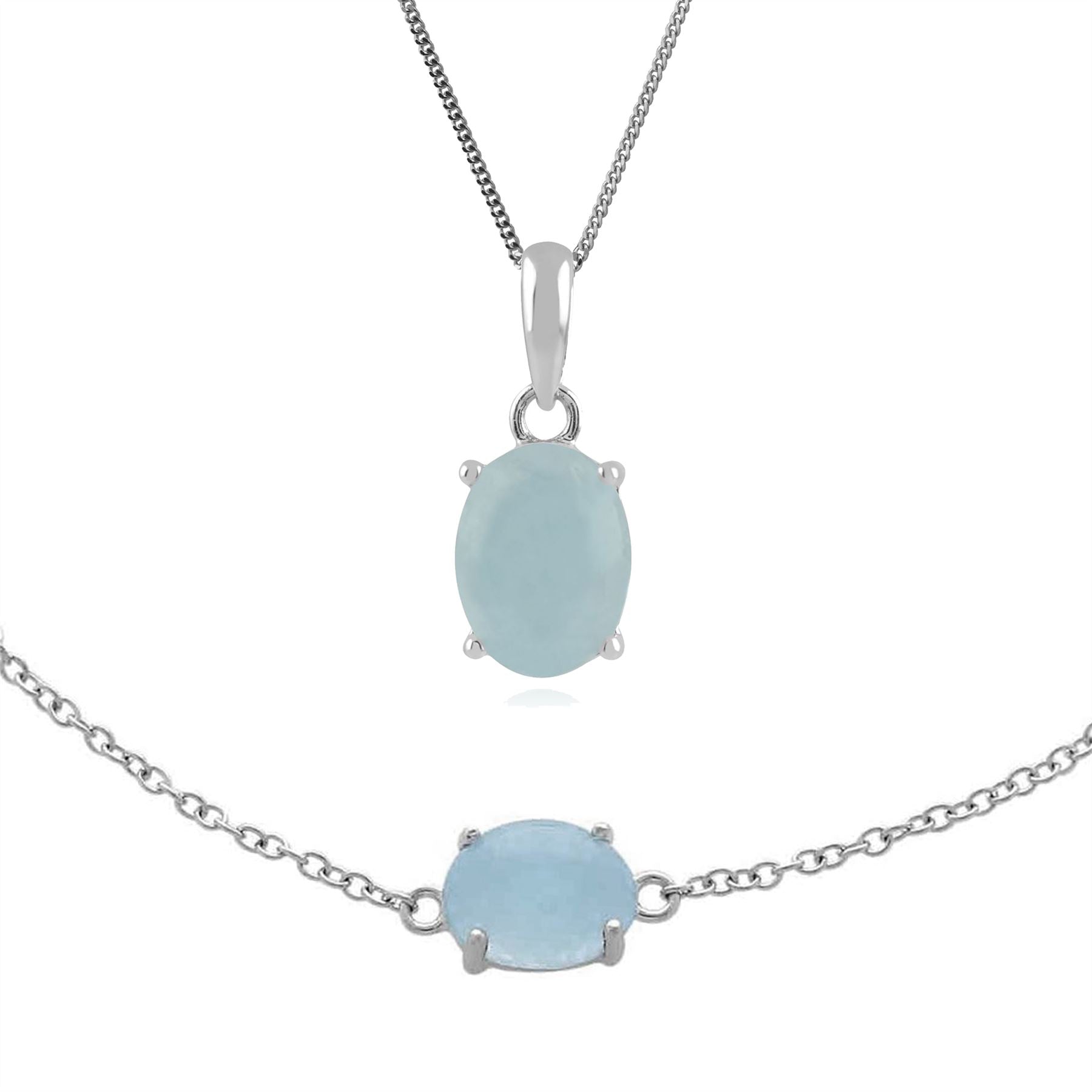 Pendentif et Bracelet Classique Argent 925 Aigue-Marine Opaque Oval