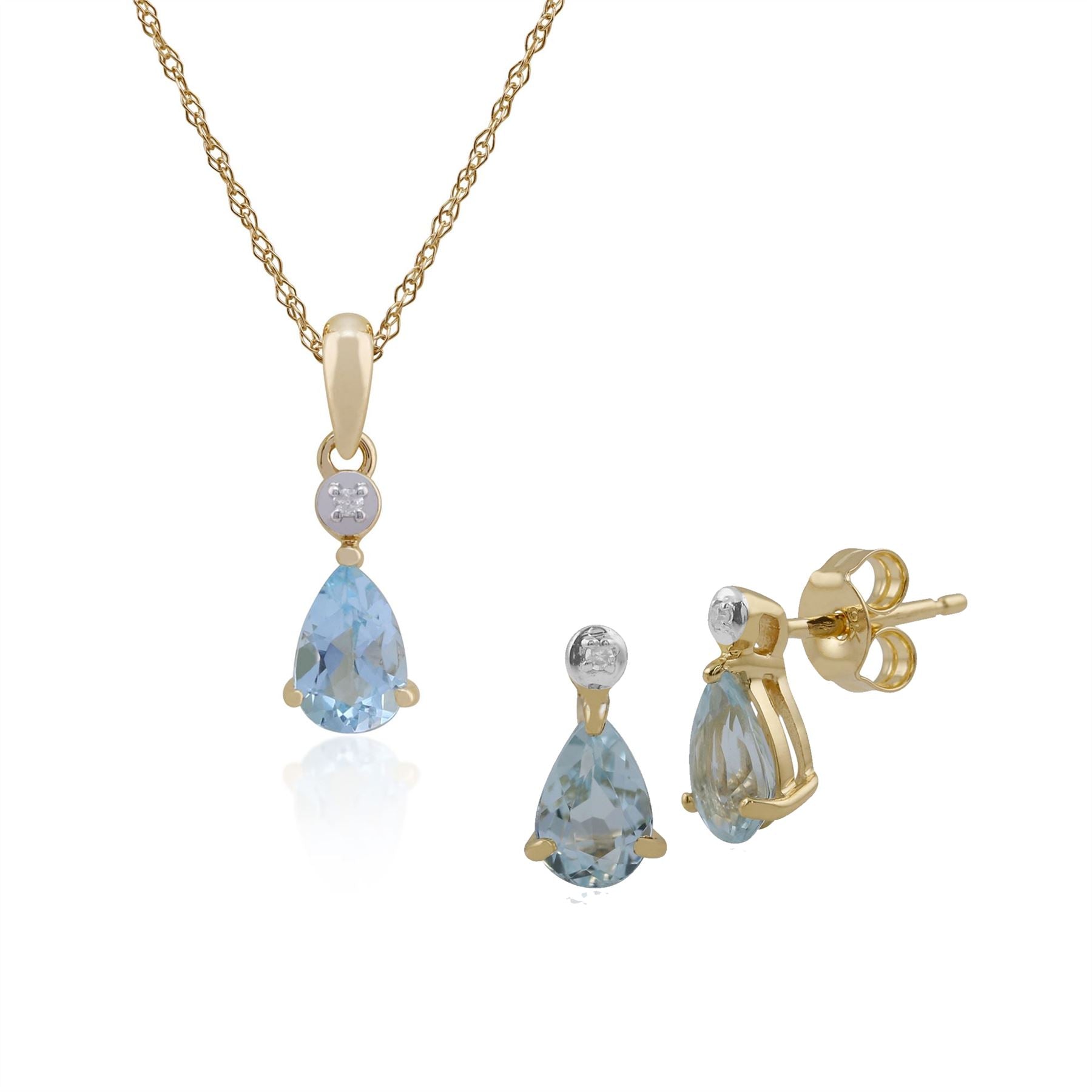 Pendentif et Boucles d'Oreilles Clou Classique Or Jaune 375 Topaze Bleue Poire et Diamant