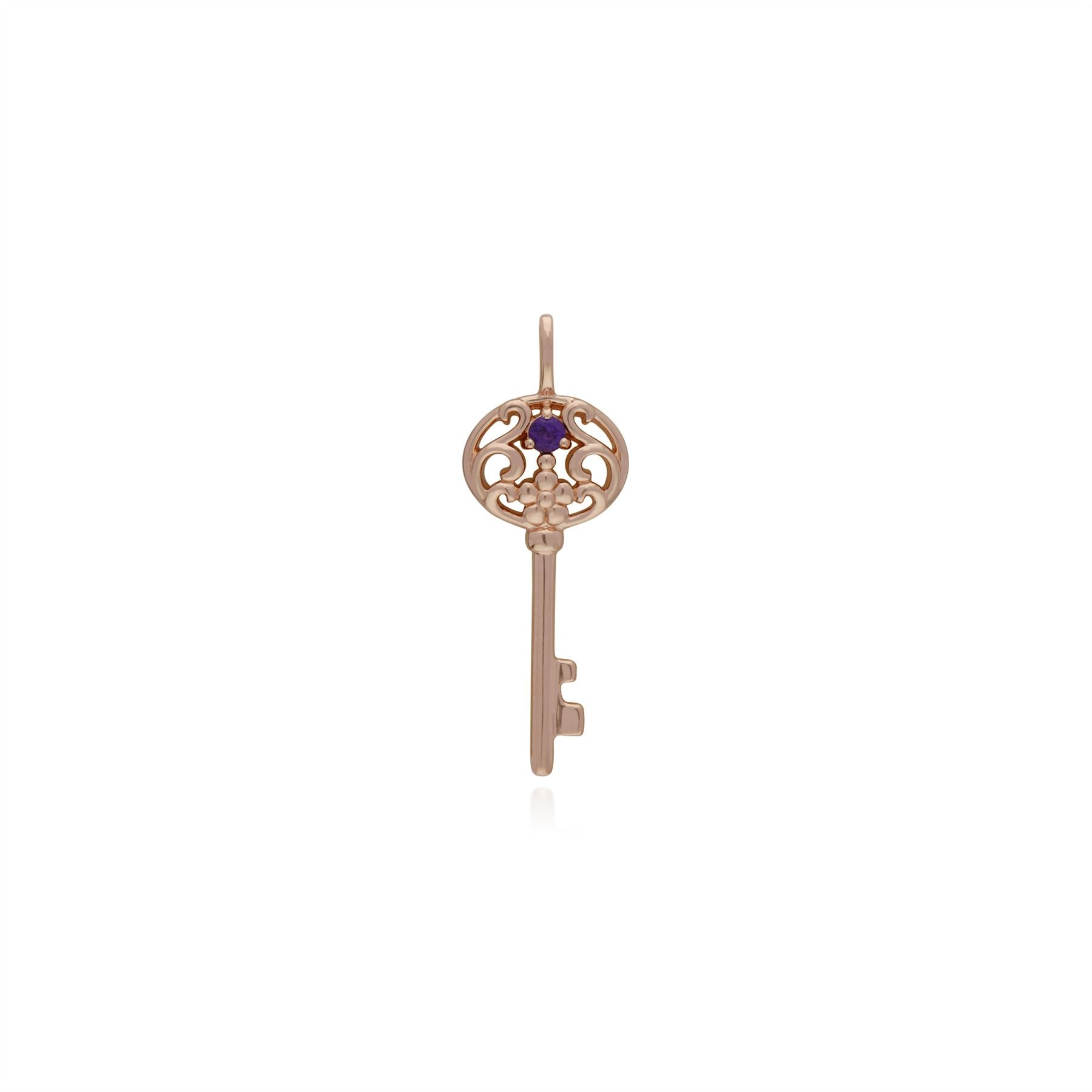 Pendentif Classique Cadenas Cœur Argent 925 Plaqué Or Rose et Charms Grande Clé Améthyste