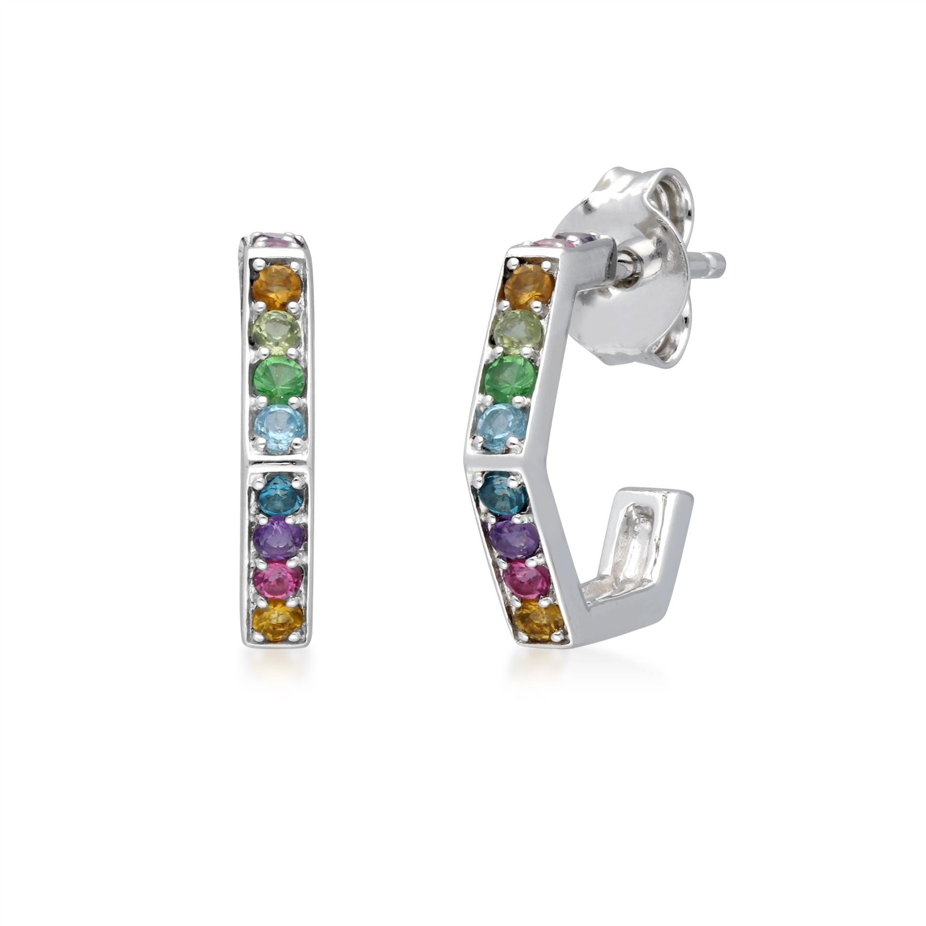 Boucles d'Oreilles Hexagone Créoles Arc-en-Ciel Argent 925