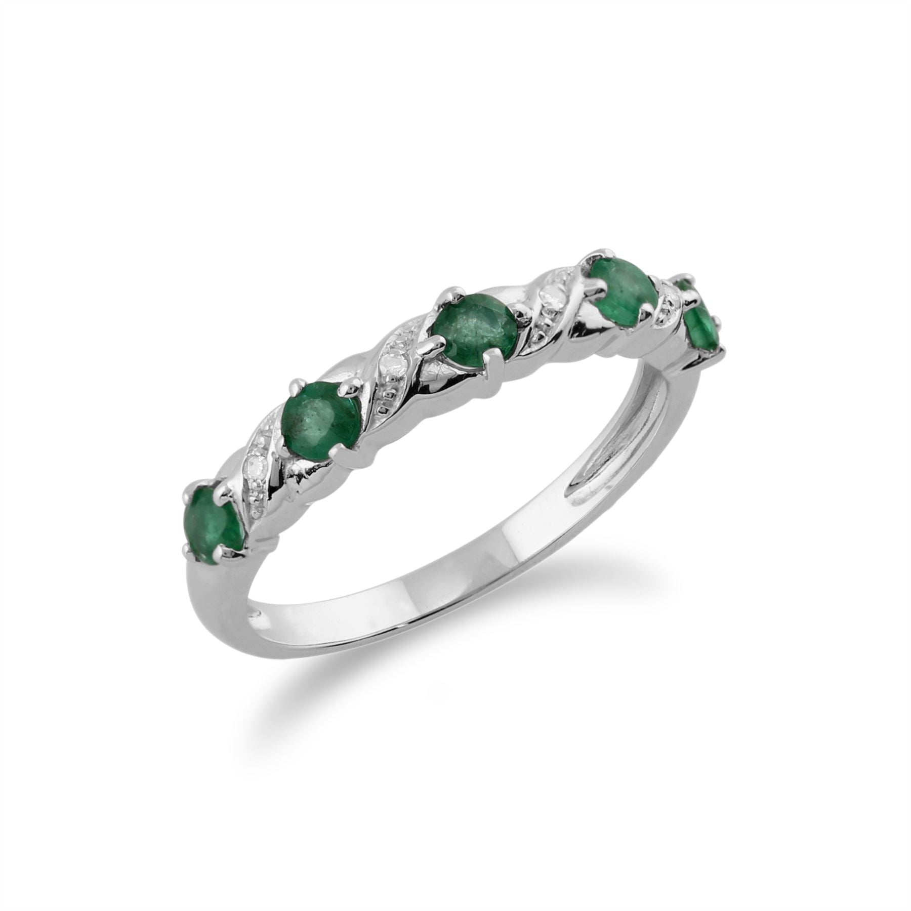 Bague Classique Demi-Eternité Or Blanc 375 Emeraude et Diamant
