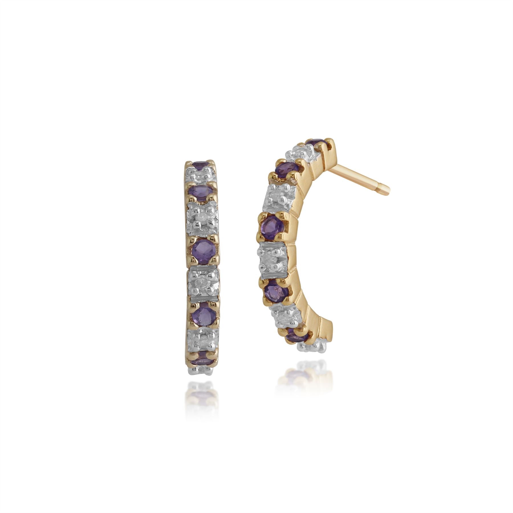 Boucles d'Oreilles Demi Créoles et Bague Demi Eternité Classique Or Jaune 375 Améthyste et Diamant