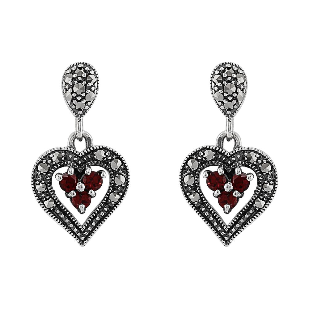 Pendentif et Boucles d'Oreilles Pendantes Cœur Style Art Déco Argent 925 Grenat Rond et Marcassite