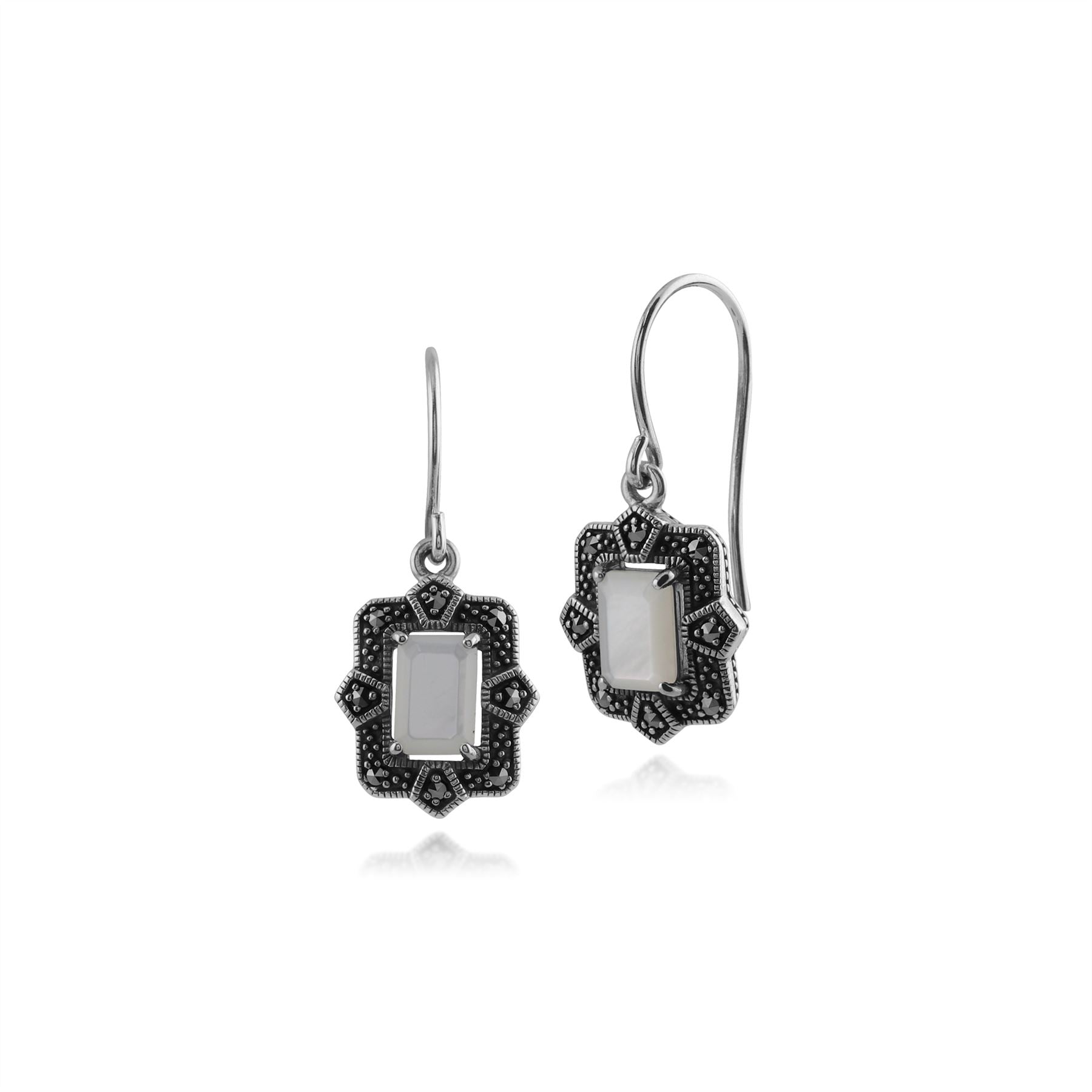 Boucles d'Oreilles Pendantes et Bague Style Art Déco Argent 925 Nacre Baguette et Marcassite sertis Clos