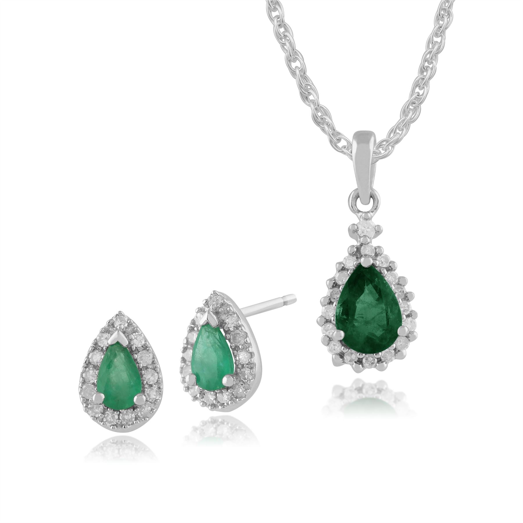 Pendentif et Boucles d'Oreilles Clou Classique Or Blanc 375 Emeraude Poire et Diamant Halo