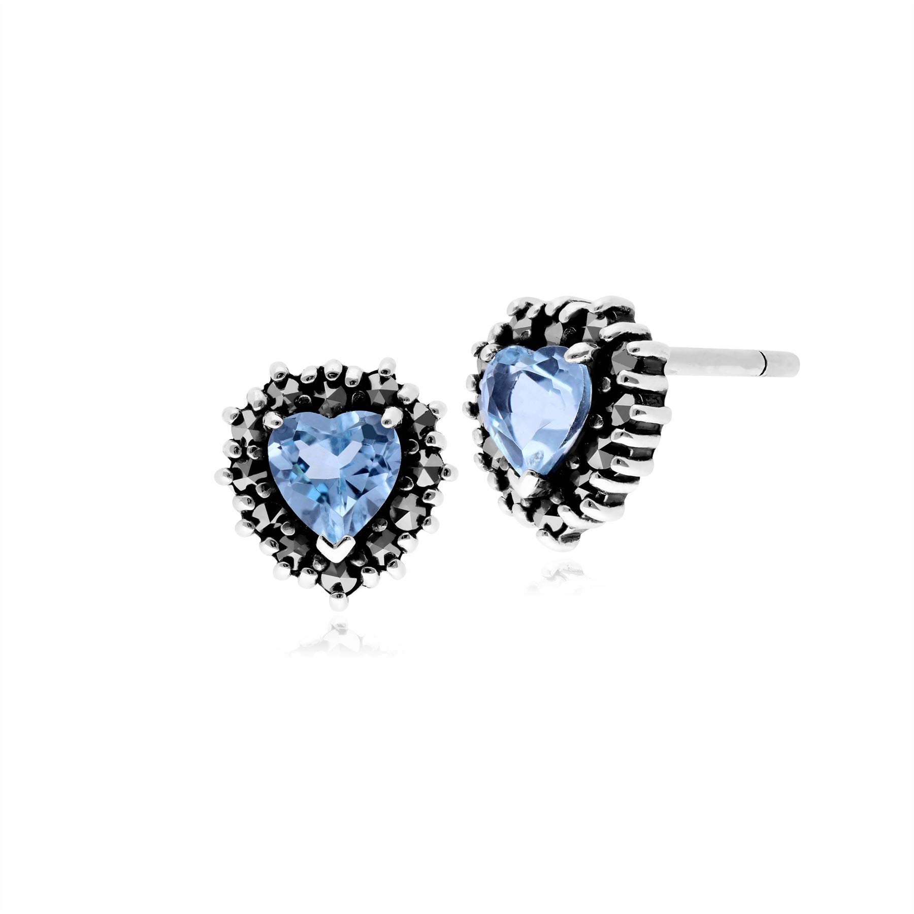Boucles d'Oreilles Clou Cœur Classique Argent 925 Topaze Bleue et Marcassite Halo
