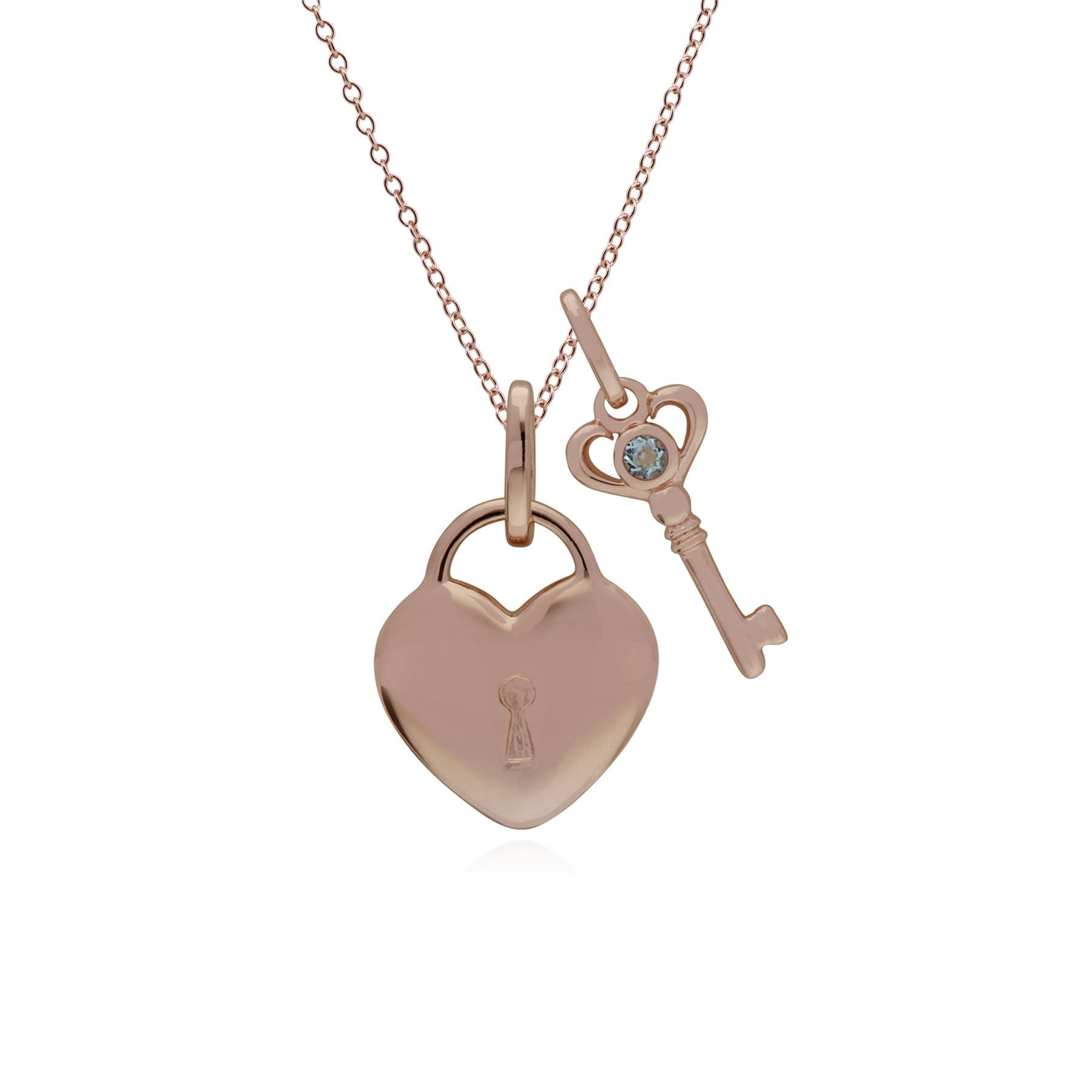 Pendentif Classique Cadenas Cœur Argent 925 Plaqué Or Rose et Charms Clé Aigue-Marine