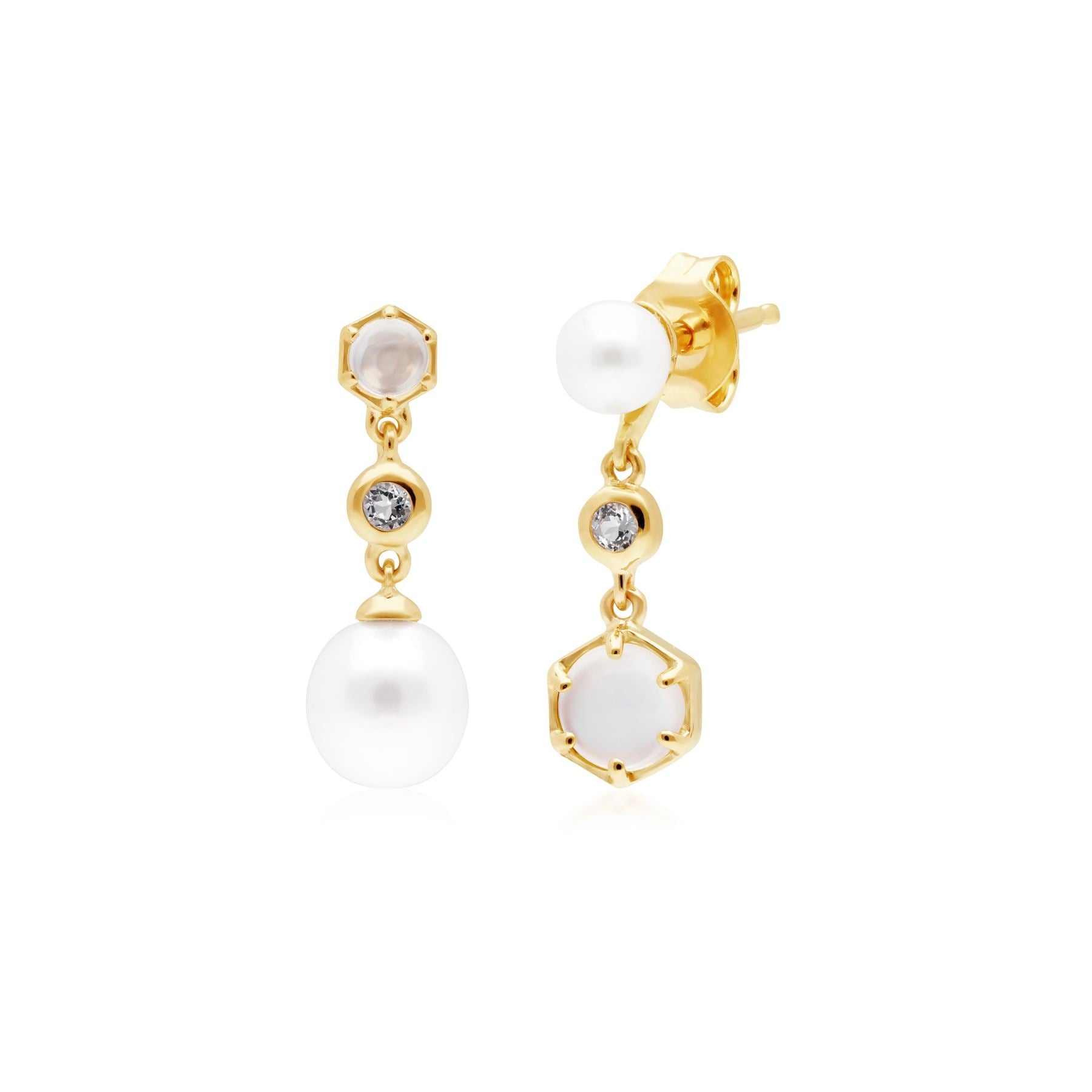 Boucles d'Oreilles Pendantes Asymétrique Perle Moderne Argent 925 Plaqué Or Perle, Pierre de Lune et Topaze