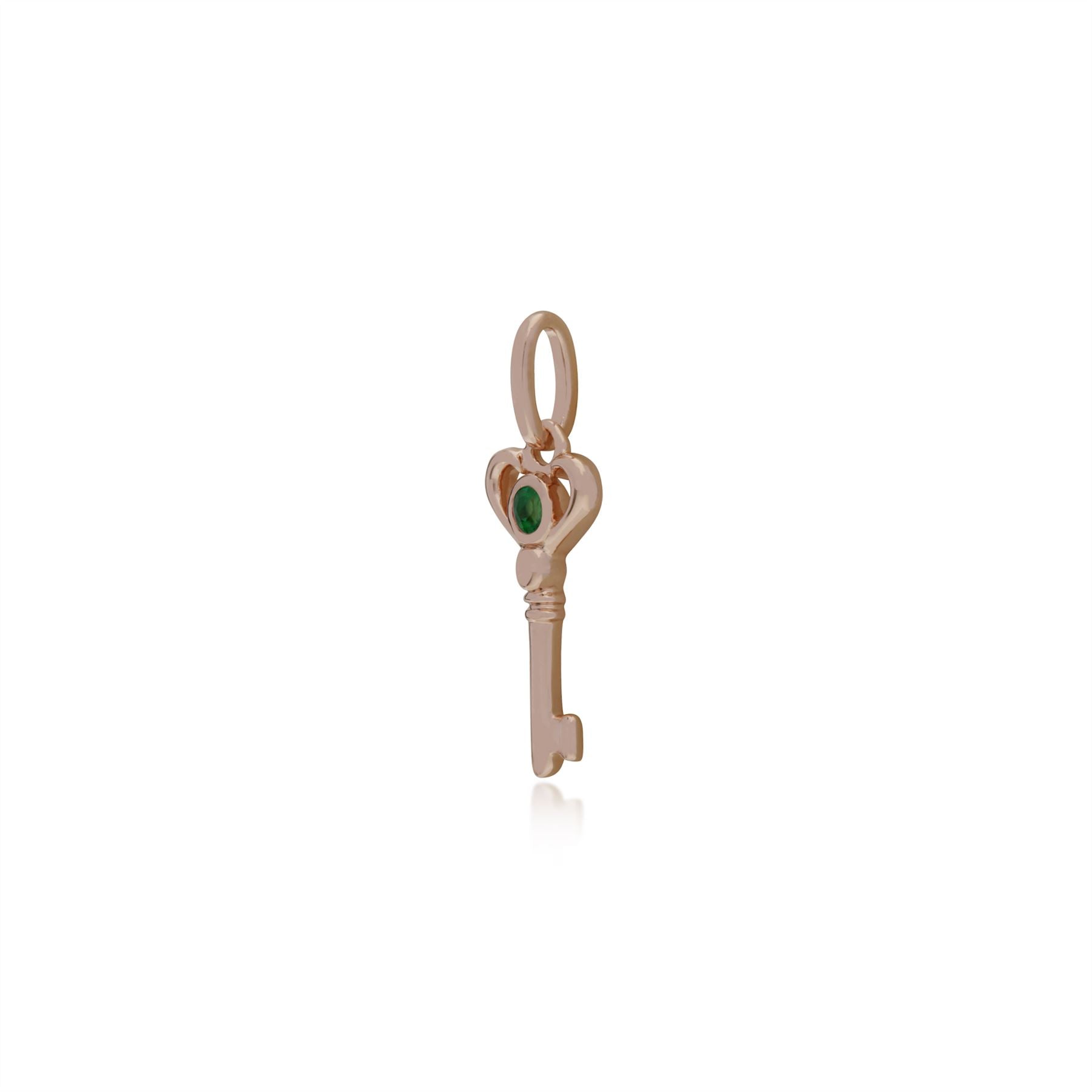 Pendentif Classique Argent 925 Plaqué Or Rose Petite Clé avec Emeraude Rond