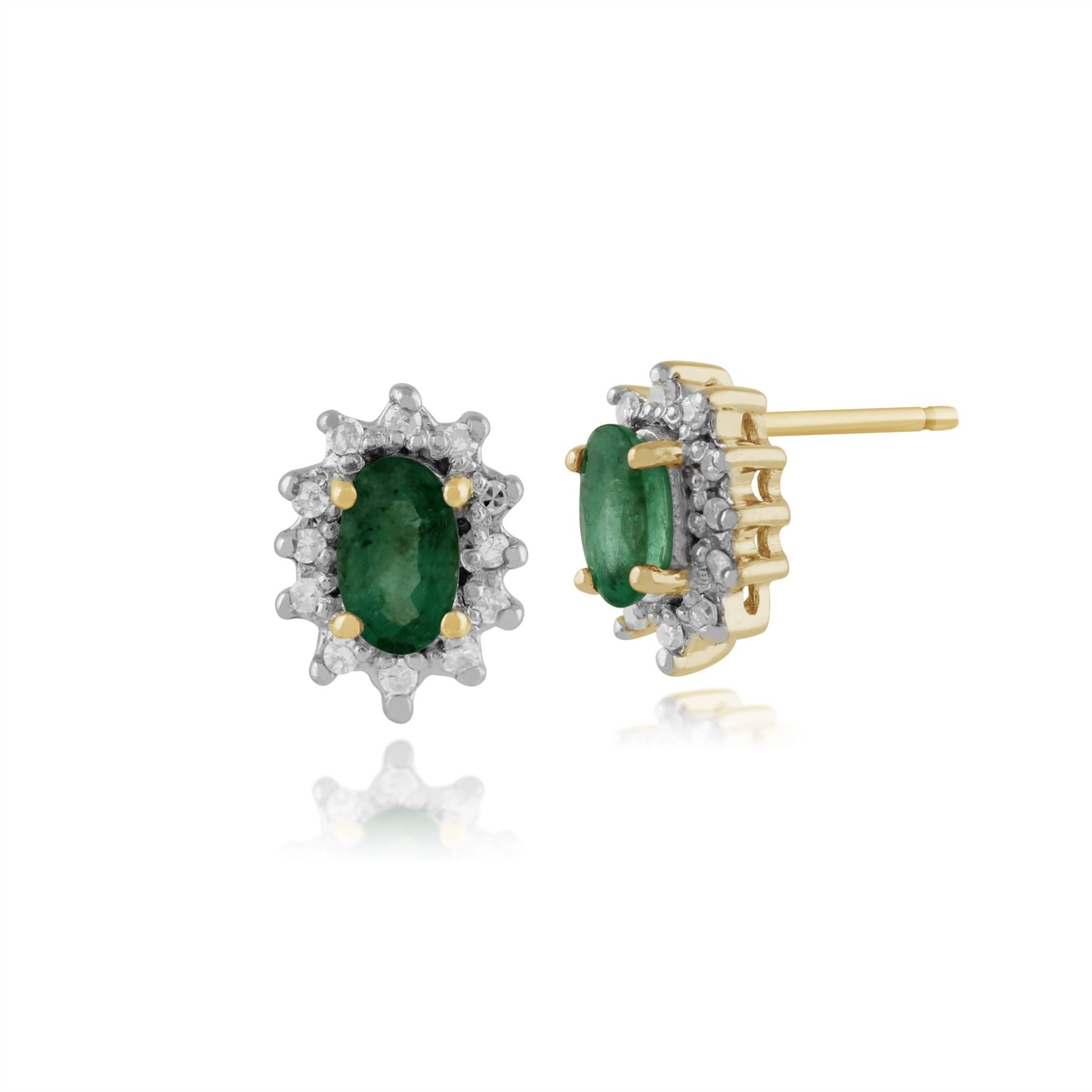 Boucles d'Oreilles Clou et Bague Classique Oval Or Jaune 375 Emeraude et Diamant Halo Cluster