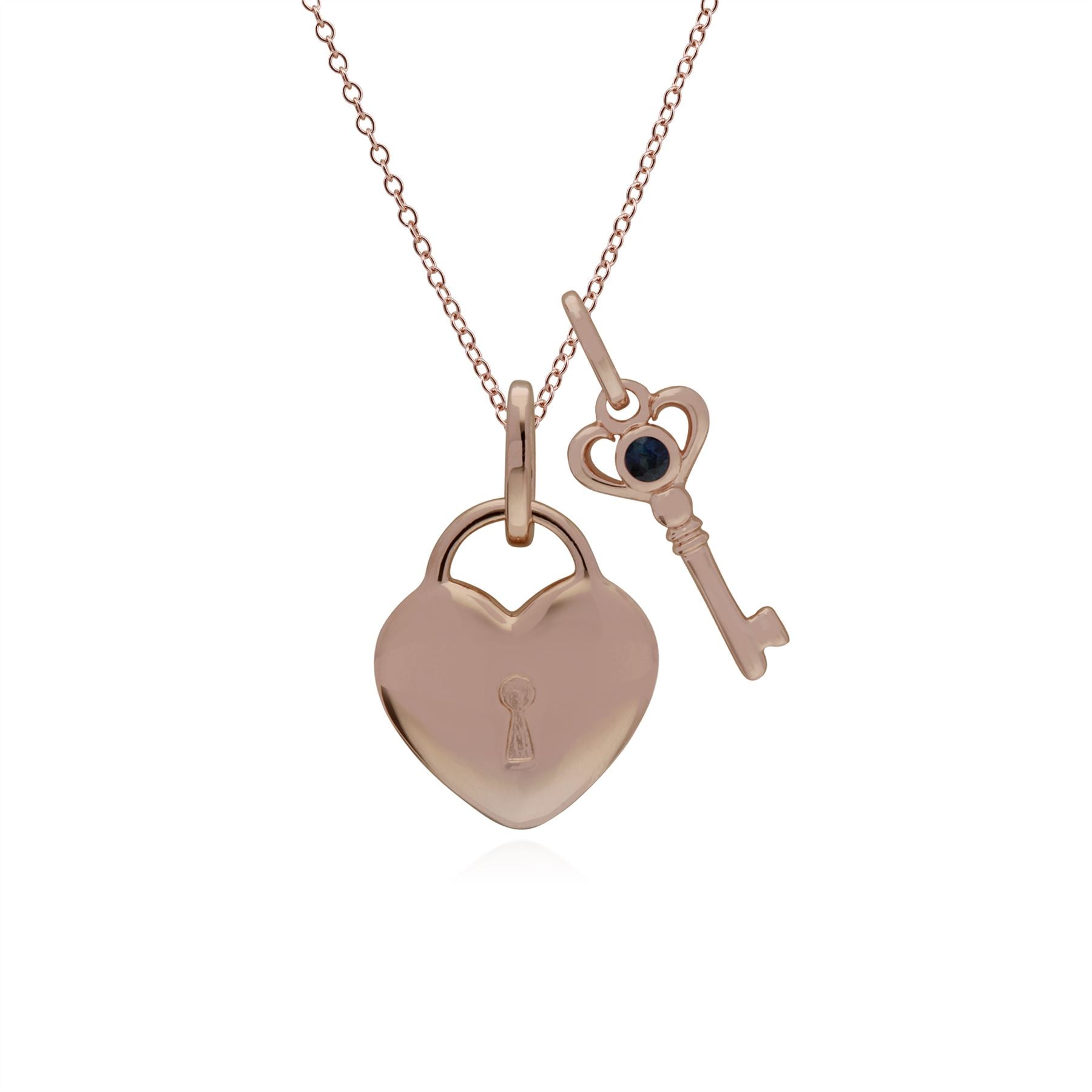 Pendentif Classique Cadenas Cœur Argent 925 Plaqué Or Rose et Charms Clé Saphir