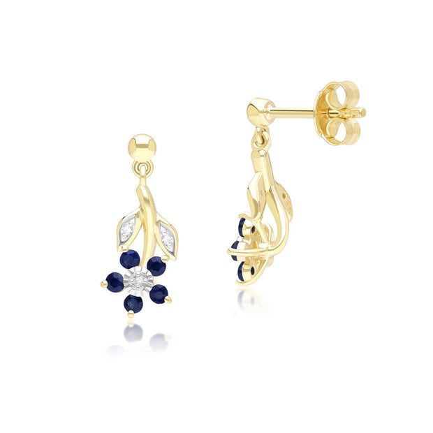 Boucles d'Oreilles Pendantes Floral avec Saphirs & Diamant en Or Jaune 9ct