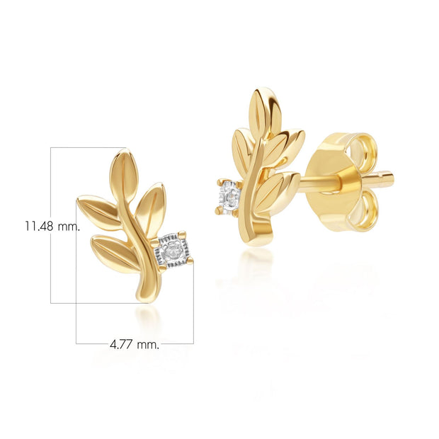 Boucles d'Oreilles Clou O Leaf en Or Jaune 9ct avec Diamant