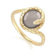 Bague ECFEW™ serpent enroulée en pierre de lune noire en argent sterling doré à l'or fin