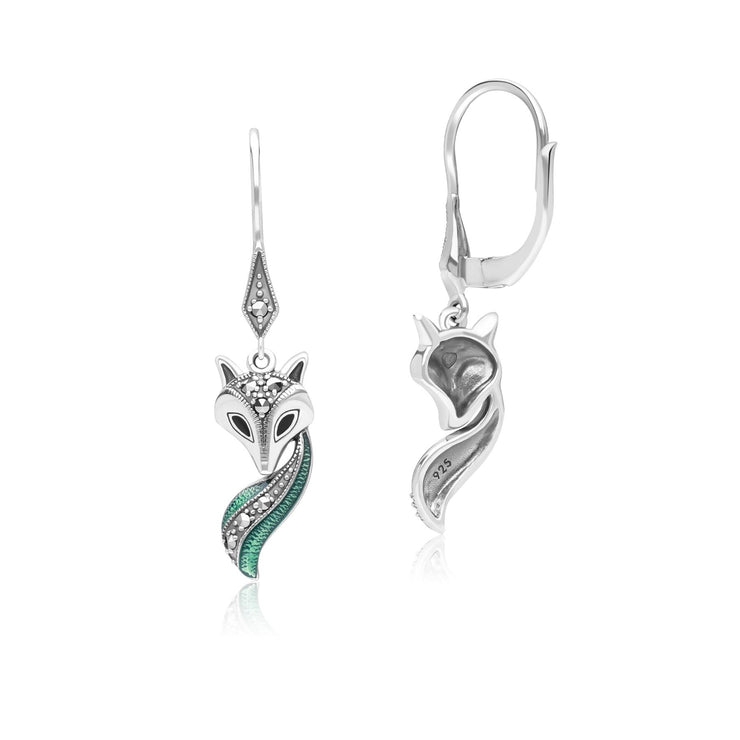 Boucles d'Oreilles Pendantes Renard Style Art Nouveau en Argent Sterling avec Marcasiteet Email Noir et Vert