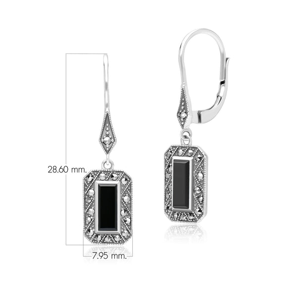 Boucles d'Oreilles Pendantes Style Art Déco Rectangulaire en Argent Sterling avec Onyx et Marcassite