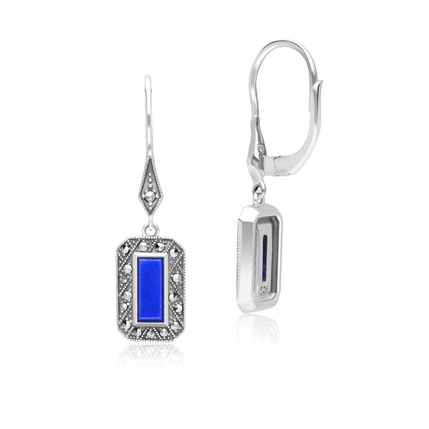 Boucles d'Oreilles Pendantes Style Art Déco Rectangulaire en Argent Sterling avec Lapis Lazuli et Marcassite