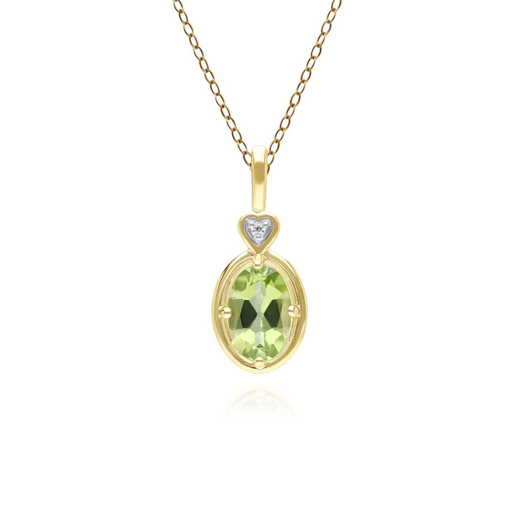 Collier pendentif coeur classique en or jaune 9 carats avec péridot ovale et diamant