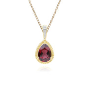 Collier classique avec pendentif en forme de poire, grenat et diamants en or jaune 9 carats