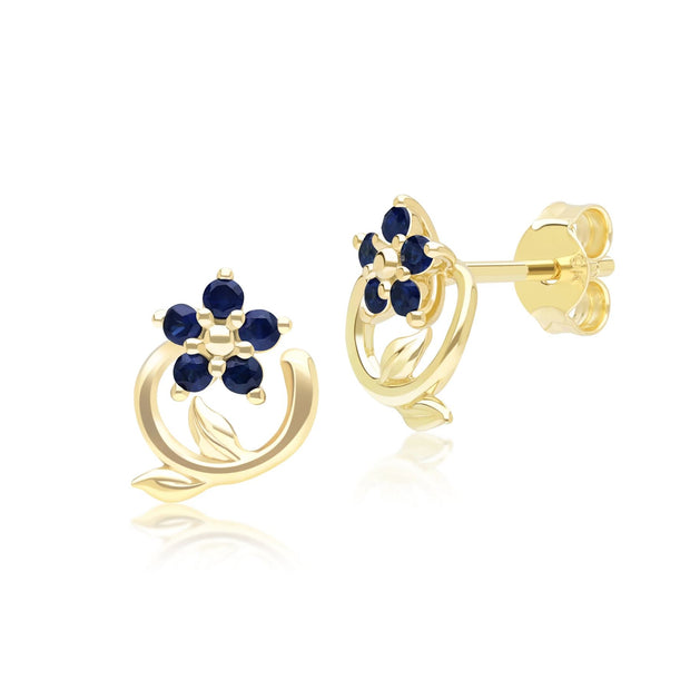 Boucles d'Oreilles Clou Floral Vigne avec Saphirs en Or Jaune 9ct