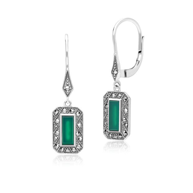 Boucles d'Oreilles Pendantes Style Art Déco Rectangulaire en Argent Sterling avec Calcédoine et Marcassite