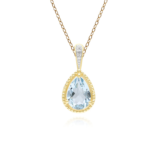 Collier classique avec pendentif en forme de poire, aigue-marine et diamants en or jaune 9 carats