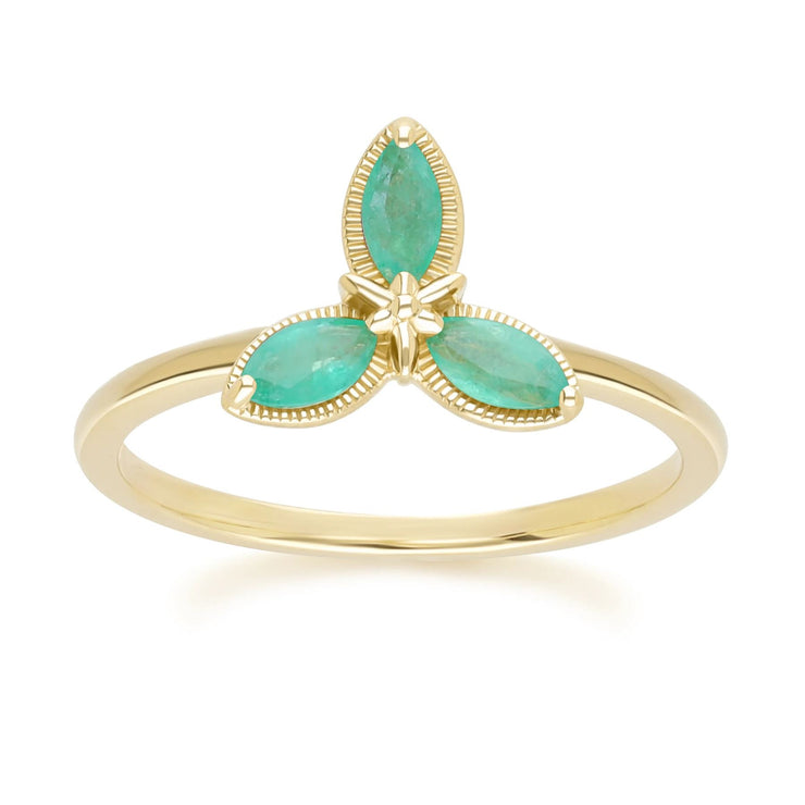 Bague Floral avec Emeraude Marquise en Or Jaune 9ct