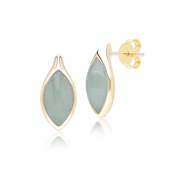 Boucles d'oreilles Clou Classique avec jadéite verte marquise en or jaune 9 carats