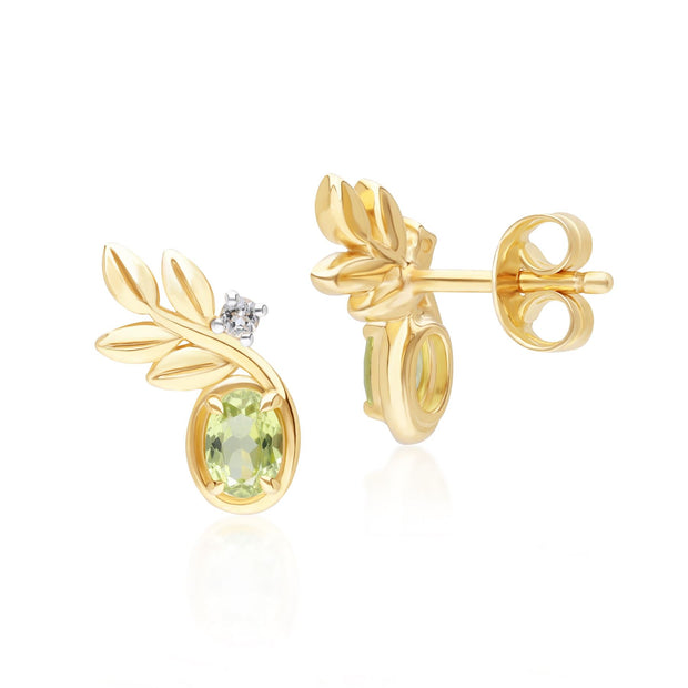 Boucles d'Oreilles Clou O Leaf en Or Jaune 9ct avec Péridot et Diamant